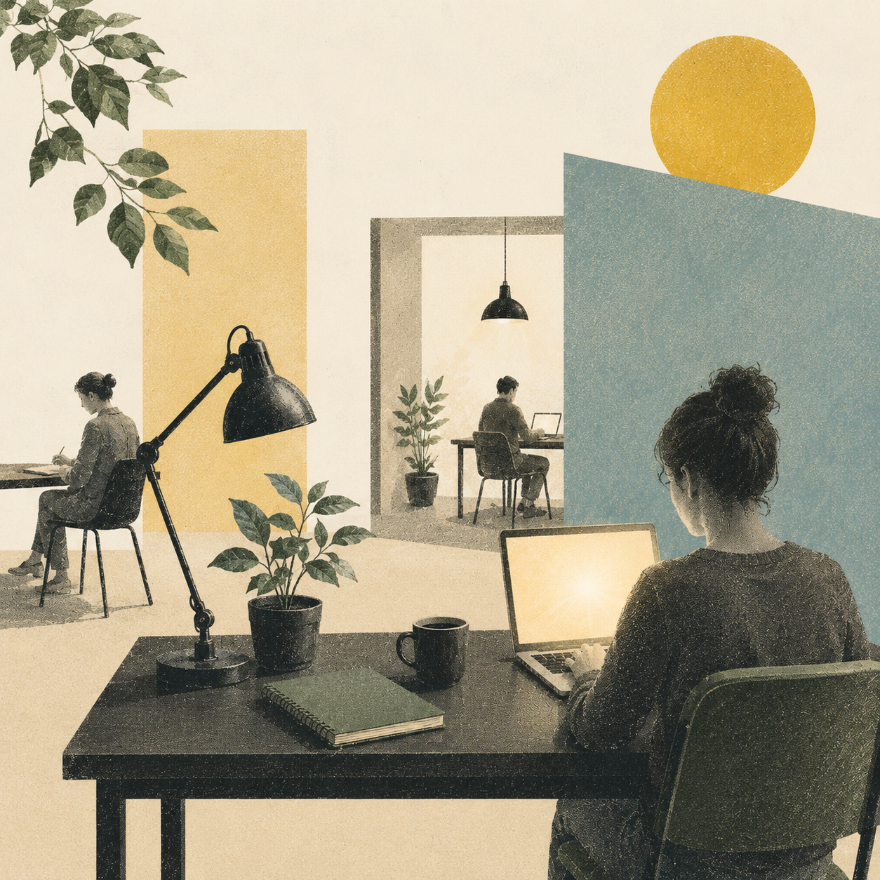 Illustration of three people working at desks in a modern office space with colorful walls, plants, and large windows.