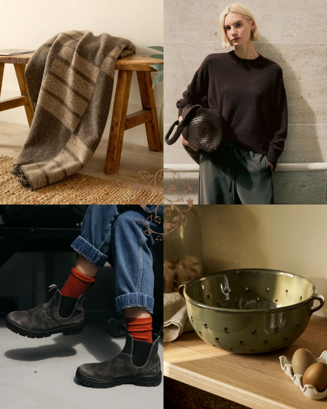 Lifestyle collage featuring a cozy blanket, woman in black sweater, black Chelsea boots with orange socks, and metal colander with eggs.