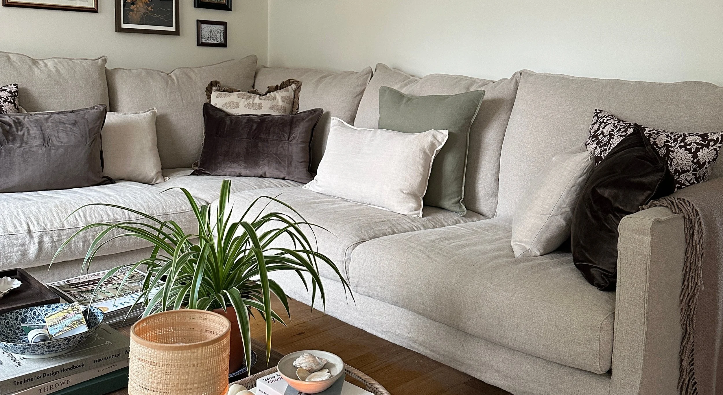 beige linen sits sally sofa with brown velvet cushions