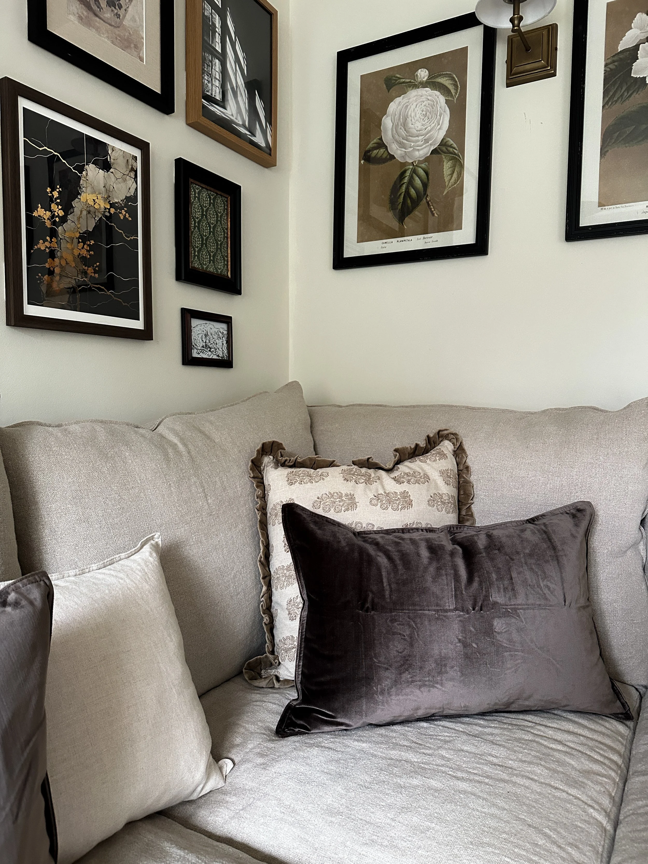 linen sofa brown velvet and block print cushions