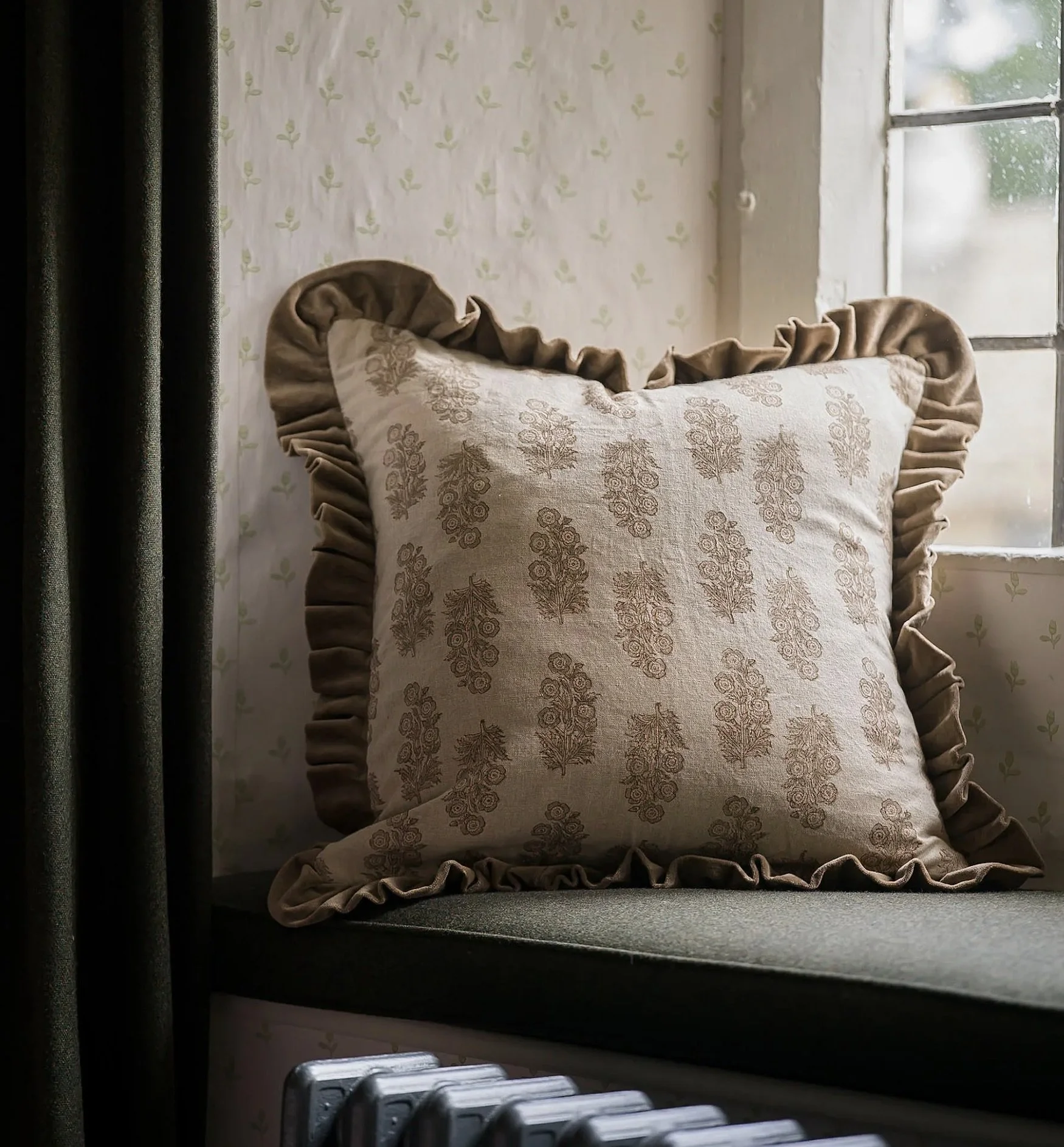 block print velvet frilled cushion cosy home