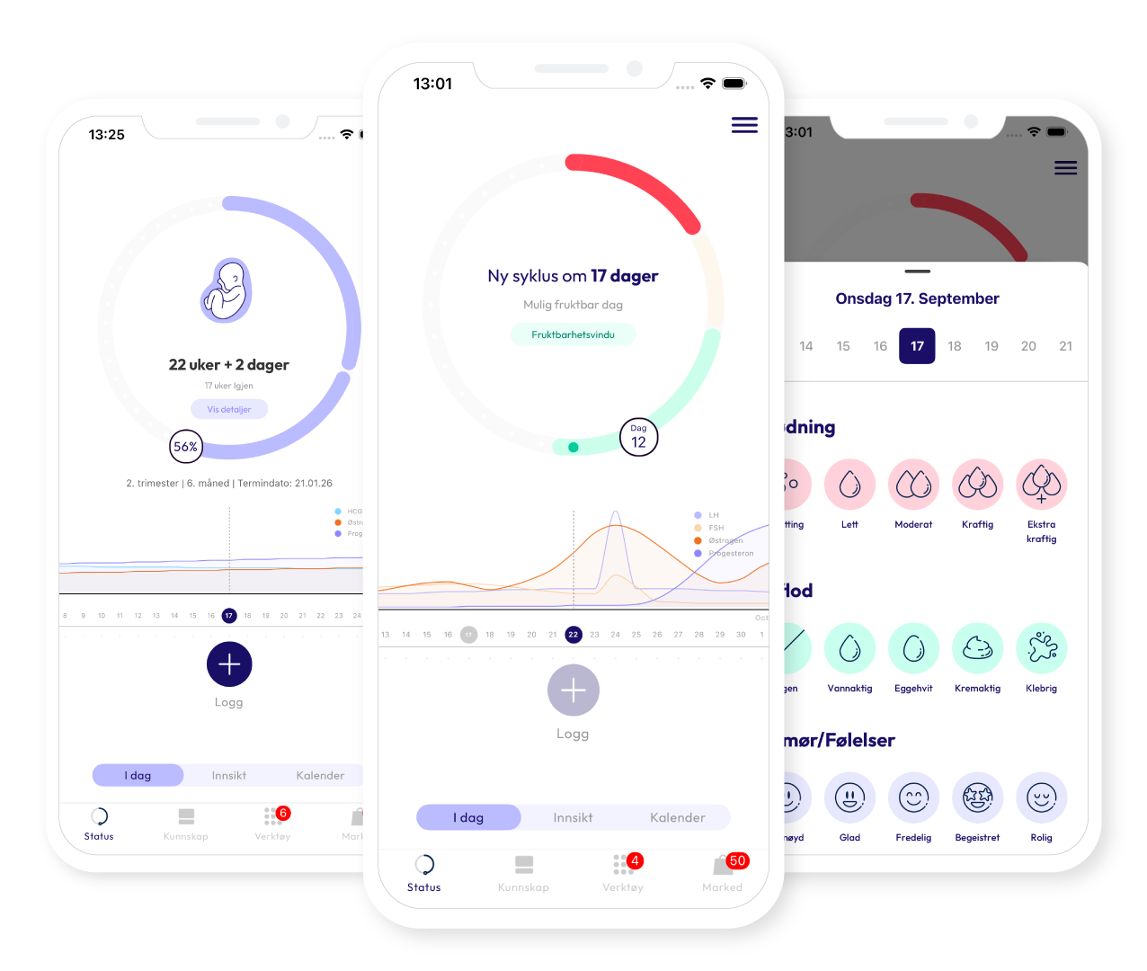 Nørs-appen for syklus og graviditet vist på telefon