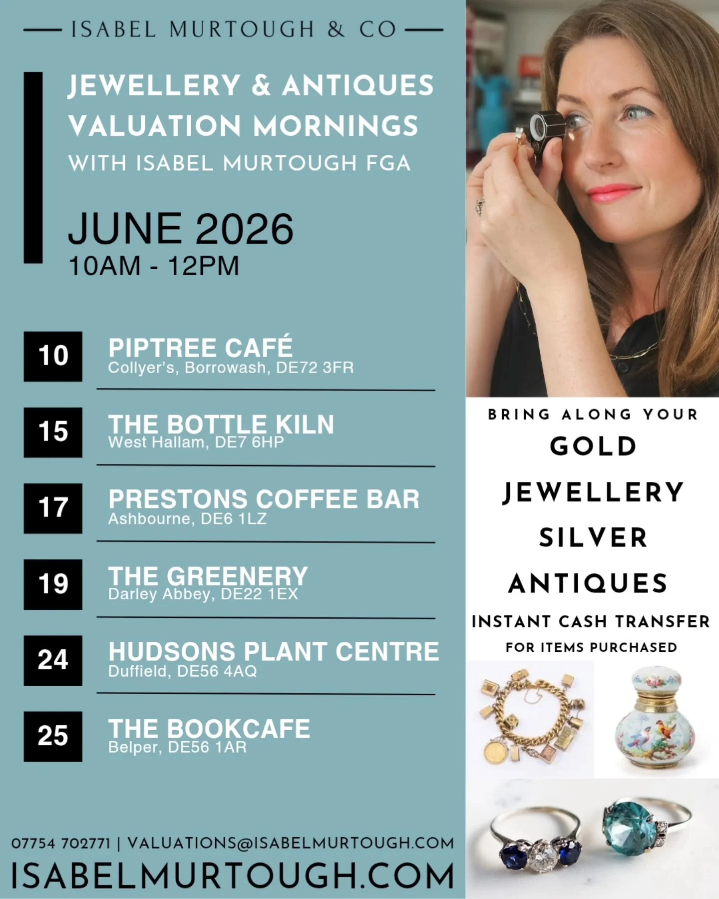 JUNE VALUATION MORNINGS... 
❕️PLEASE NOTE A CHANGE❕️

We won't be at Kava in Oakwood this month as they are having to close next Monday, so see you there in July!

Bring along your items, whether they be jewellery or antiques, and we can advise of th