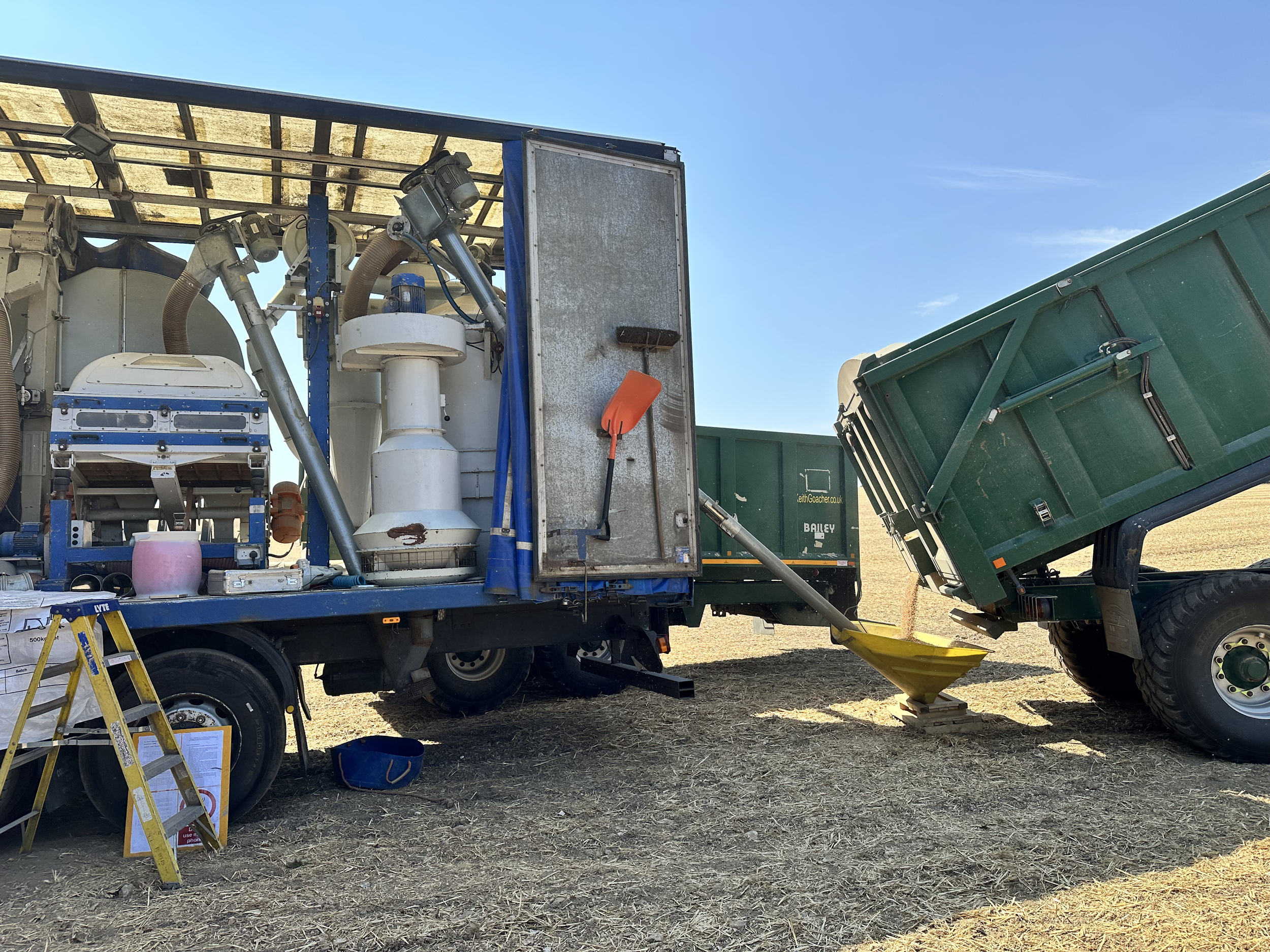 Wheat seed cleaning on Andrew Huxham's arable farm in West Sussex in August