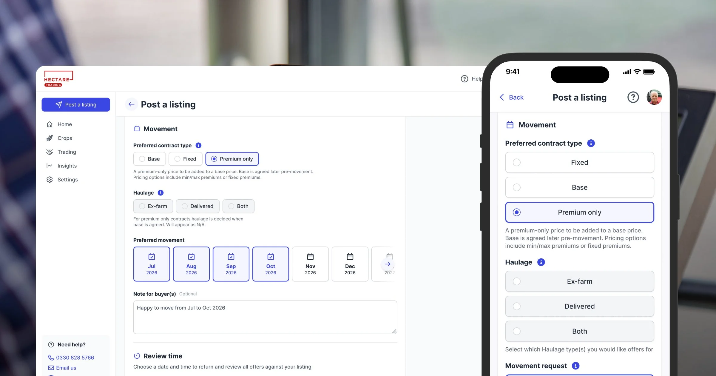 A screenshot showing the premium-only contract option when posting a crop listing on Hectare Trading