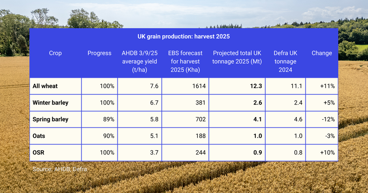 A table showing projections for UK grain production in harvest 2025, based on AHDB average yield estimates for major crops