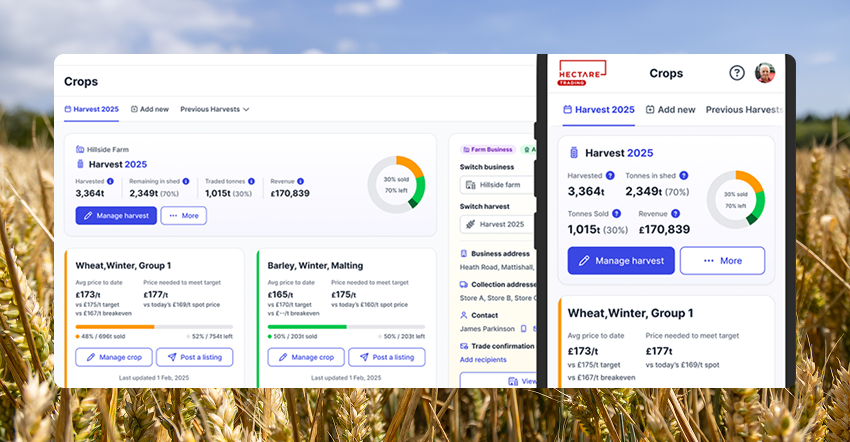 A detail of the Crops dashboard on Hectare Trading showing total revenues and average sale prices