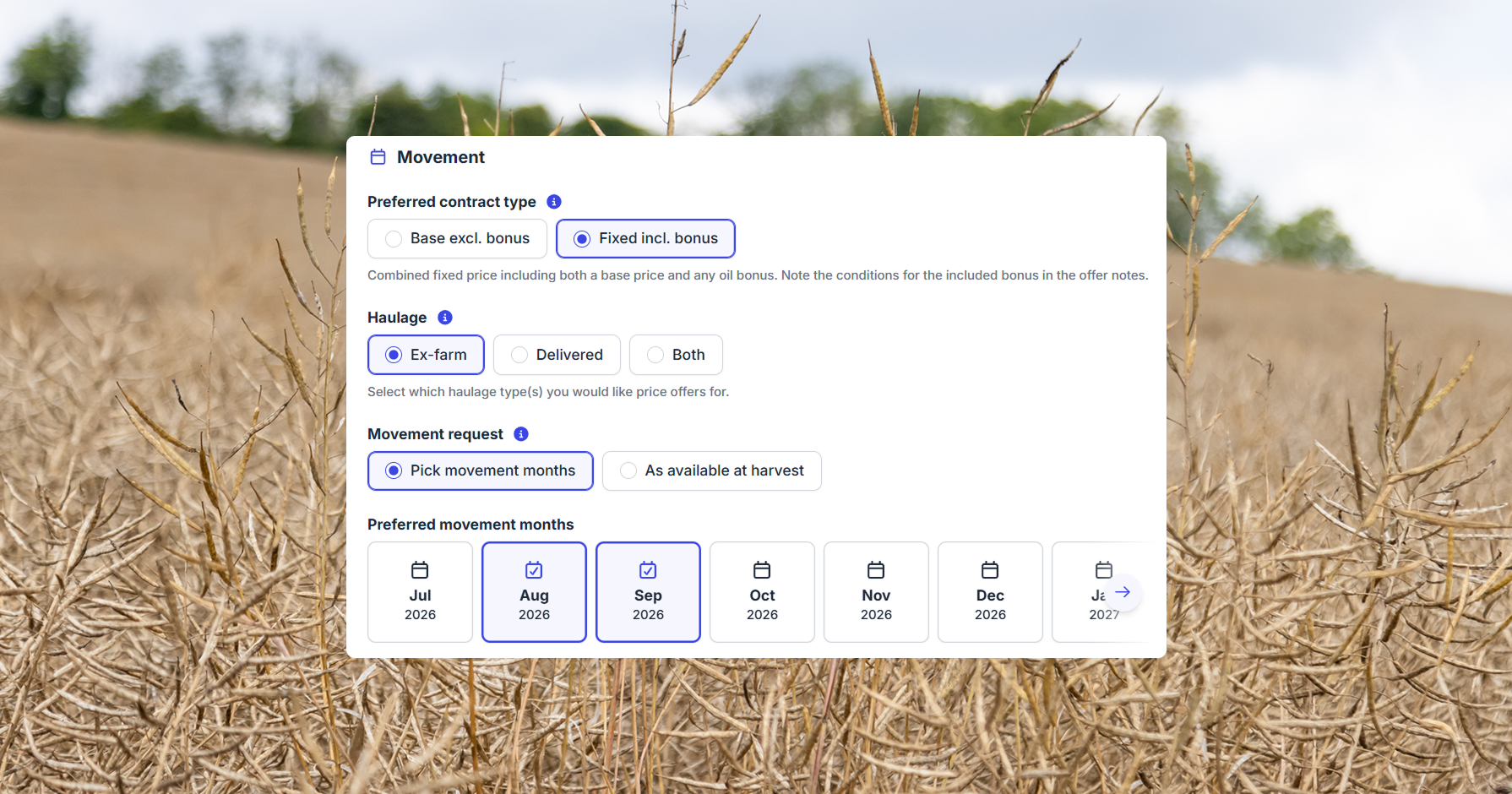 A detail from the Hectare Trading platform showing the two contract types for oilseed rape, base excluding oil bonus and fixed including oil bonus