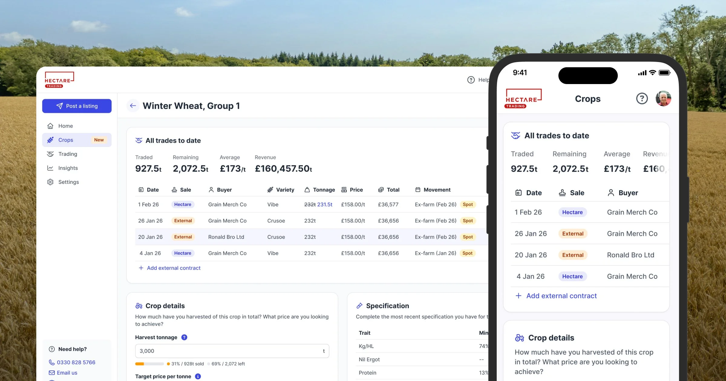 A screenshot of the Crops dashboard on Hectare Trading, showing all trades to date on group 1 winter wheat