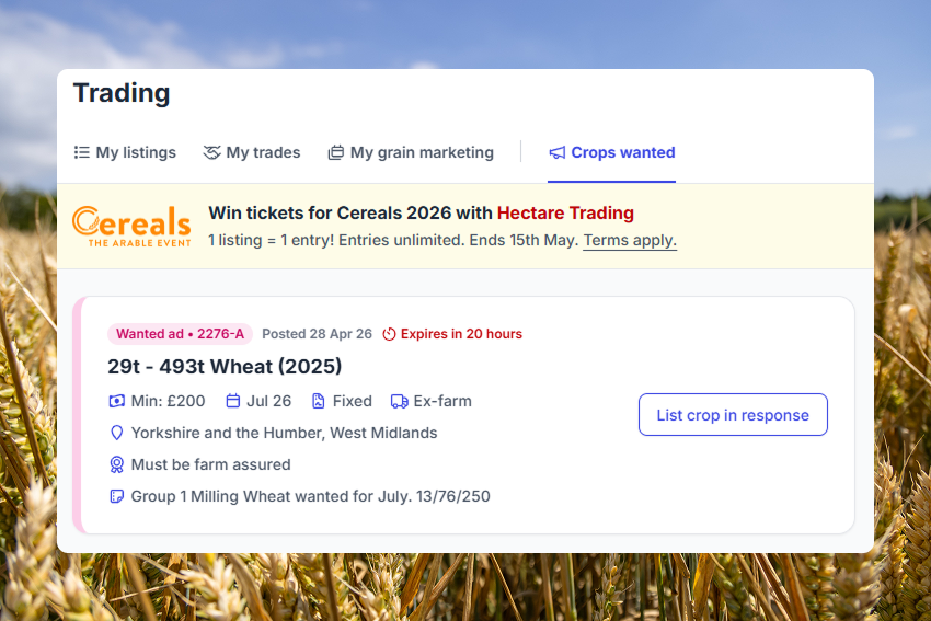 A screenshot of the Hectare Trading platform showing the "Crops wanted" tab and a recent wanted ad for group 1 wheat