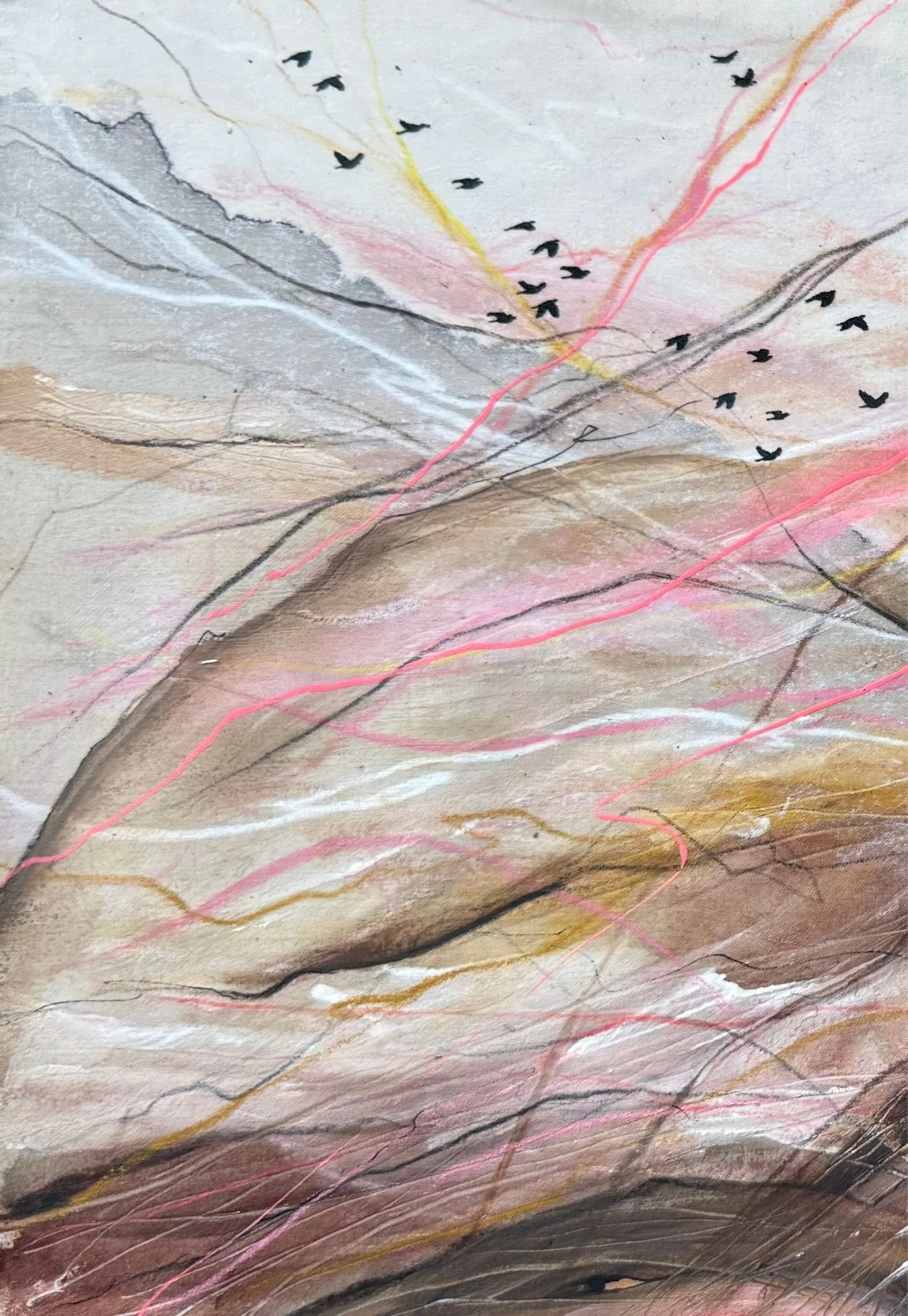 An abstract artwork showing mountains and birds flying.