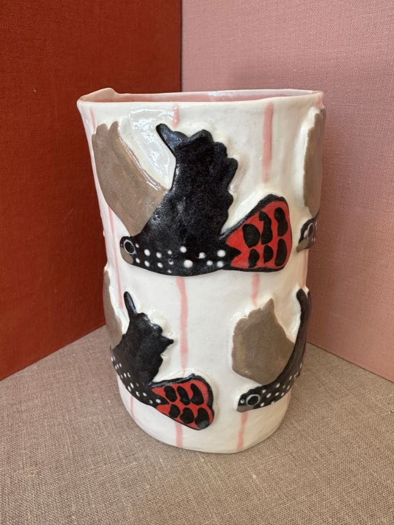Hannah Goggs Red Tail White Vase Pink Stripe .jpg