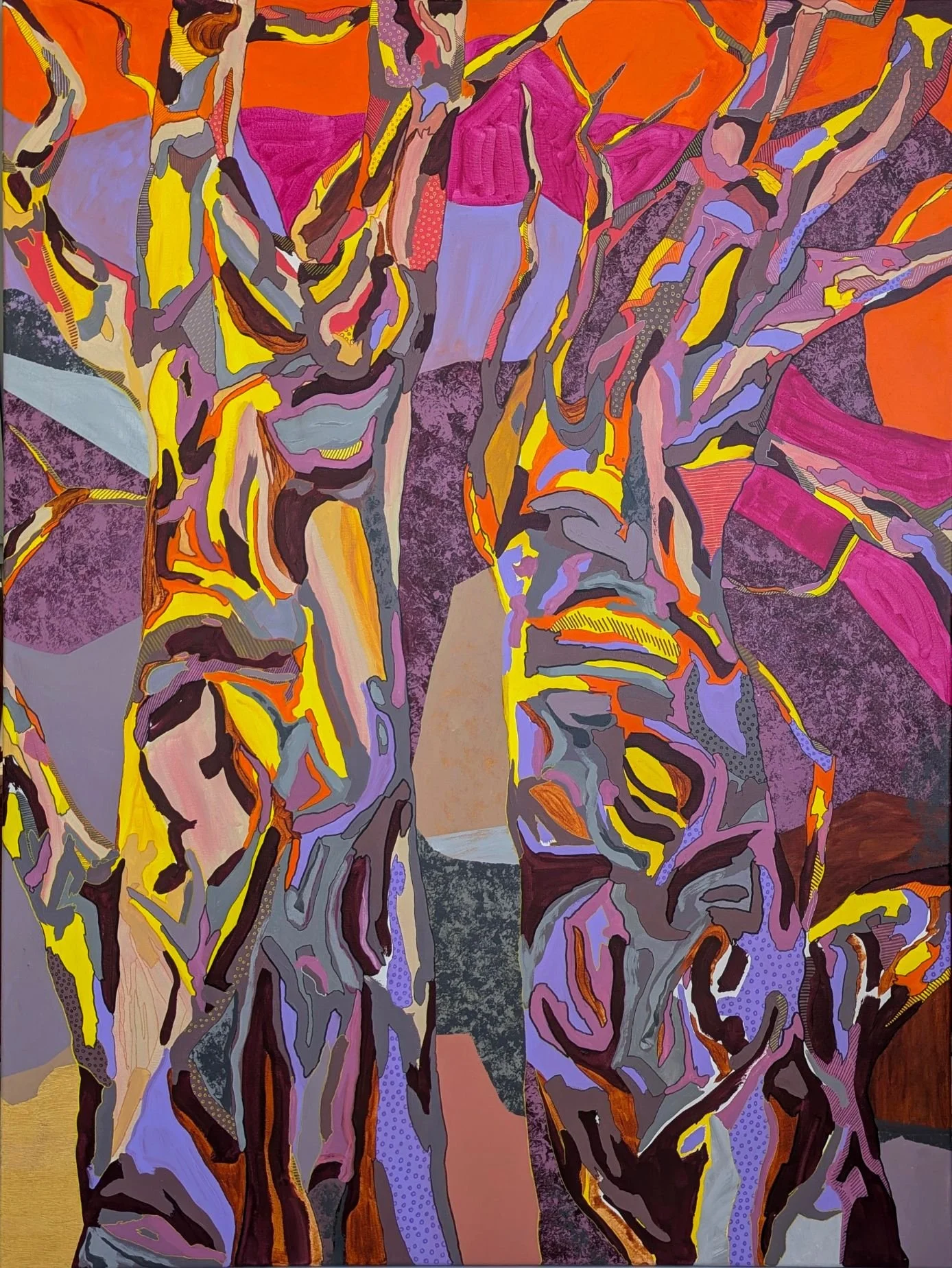 An abstract painting of trees in vivid pinks, yellows and orange.