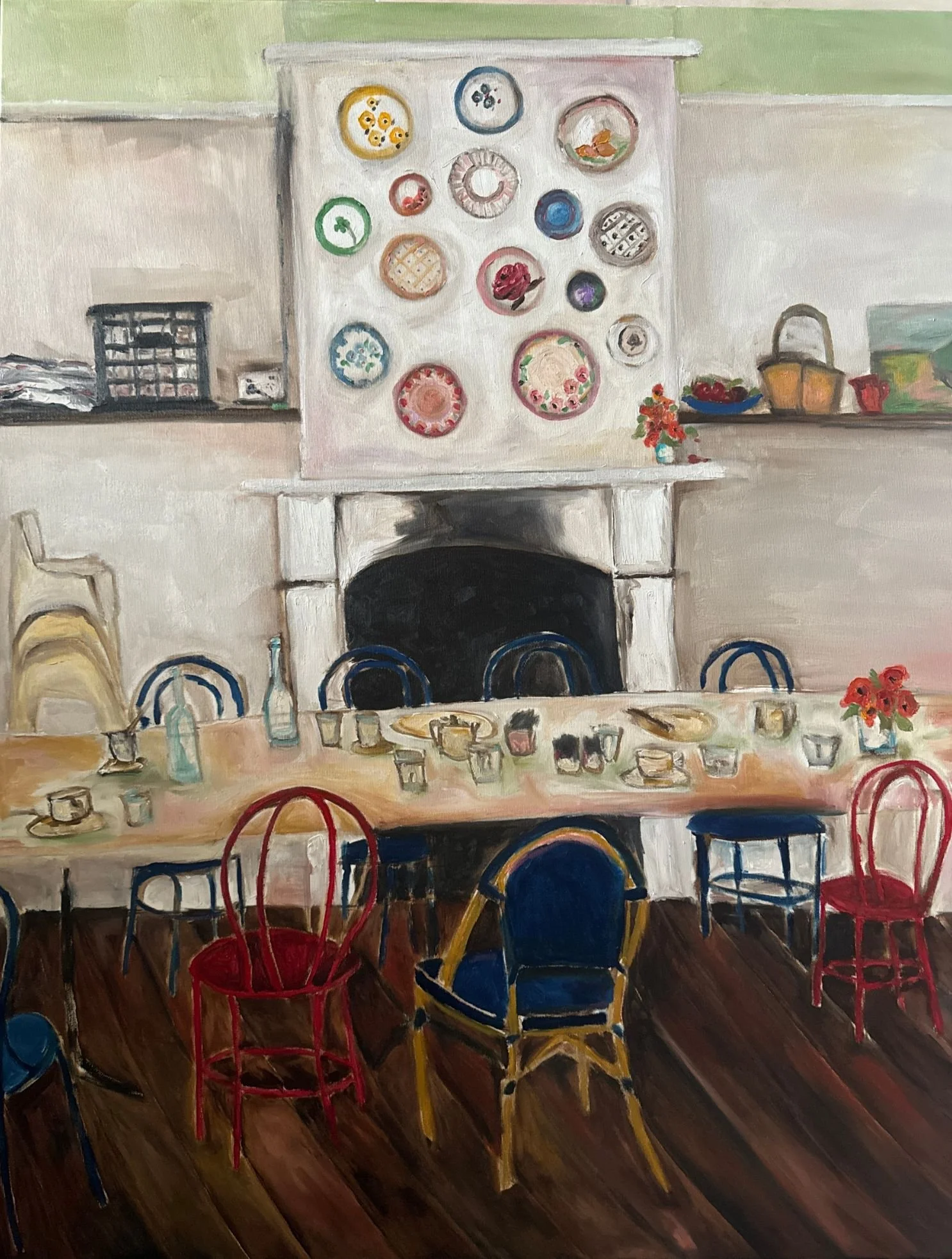 A painting of a kitchen table with coffee cups and water bottles.