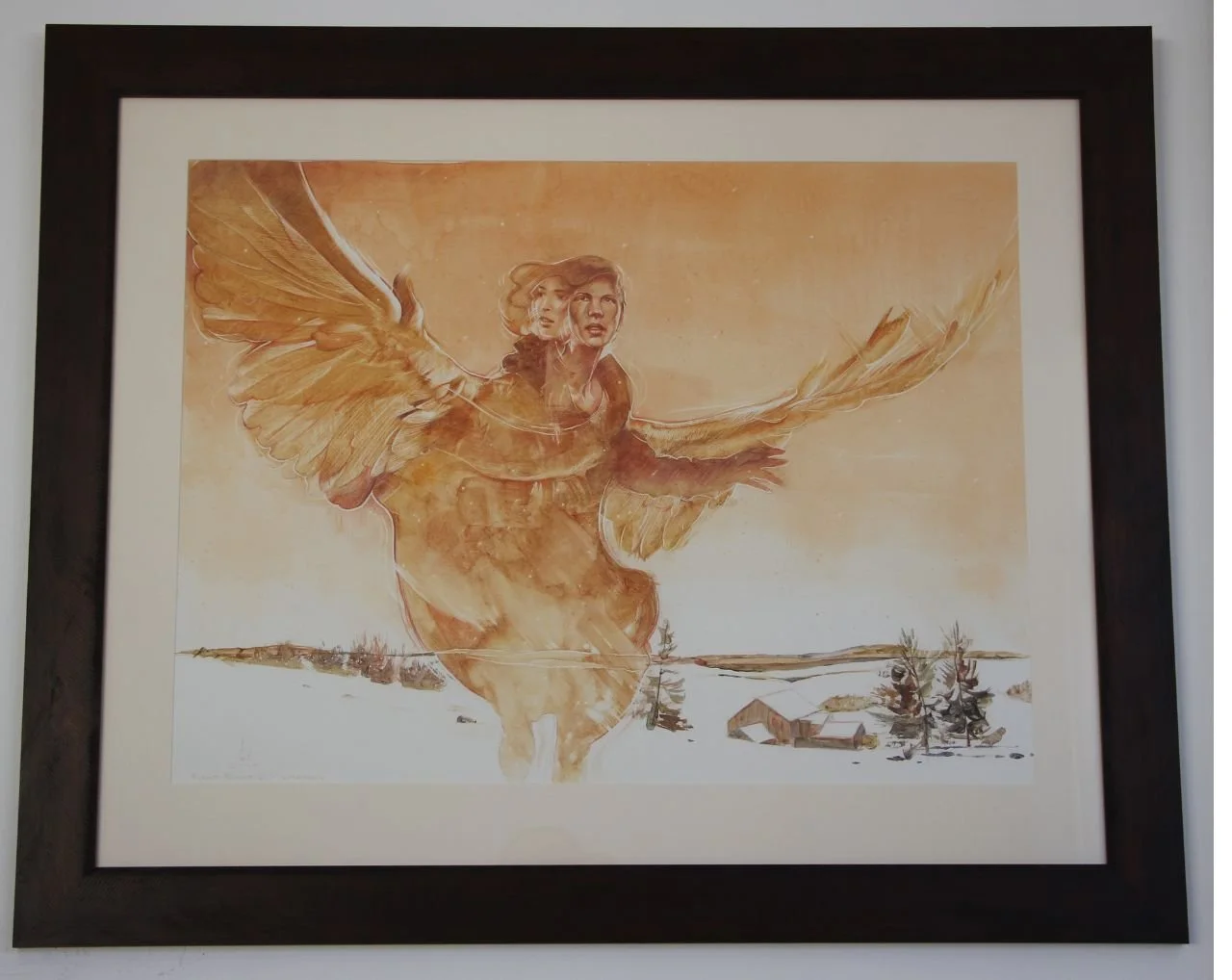 framed drawing in pencil on old board by Kim Nelson featuring a bird in flight