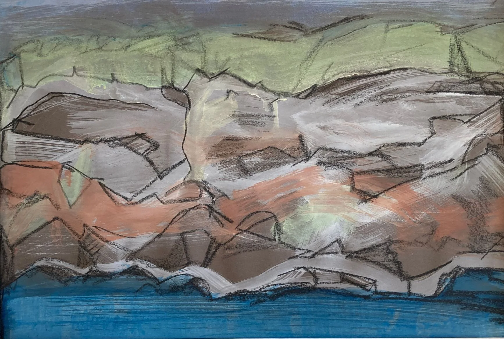 A painting of rocks by the sea with strong sketching marks.