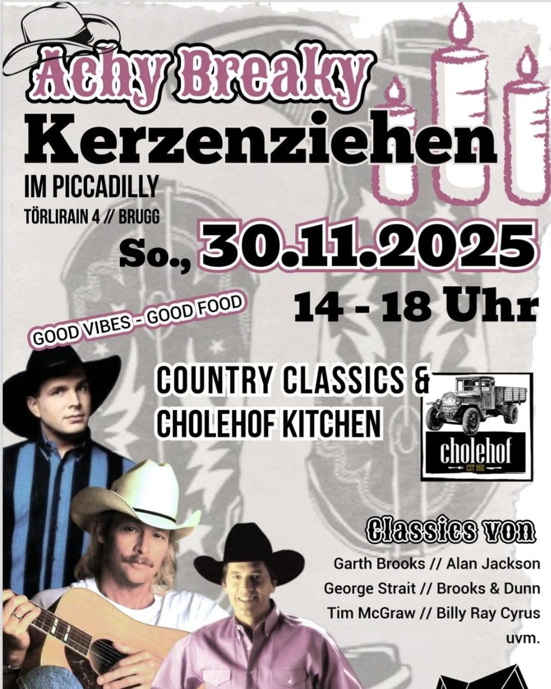 Cholehof goes Picadilly 🤠🌭
Achy Breaky Kerzenziehen

Am Sonntag, 30.11.2025, sind wir von 14&ndash;18 Uhr im Picadilly, Tuerlirain 4 in Brugg zu Gast &ndash; und servieren euch unseren Currywurst-Klassiker 🌭🔥.

Gleichzeitig laedt das Picadilly zu