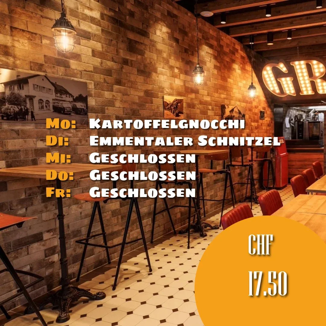 🍽️ Genussvoll ins neue Jahr starten!
Zwischen den Festtagen verw&ouml;hnen wir euch mit feinen Mittagsmen&uuml;s &ndash; frisch gekocht und wie immer f&uuml;r CHF 17.50.

Mittagsmen&uuml;s vom 29.12.2025 bis 02.01.2026:

🔥 Montag &ndash; Kartoffelg