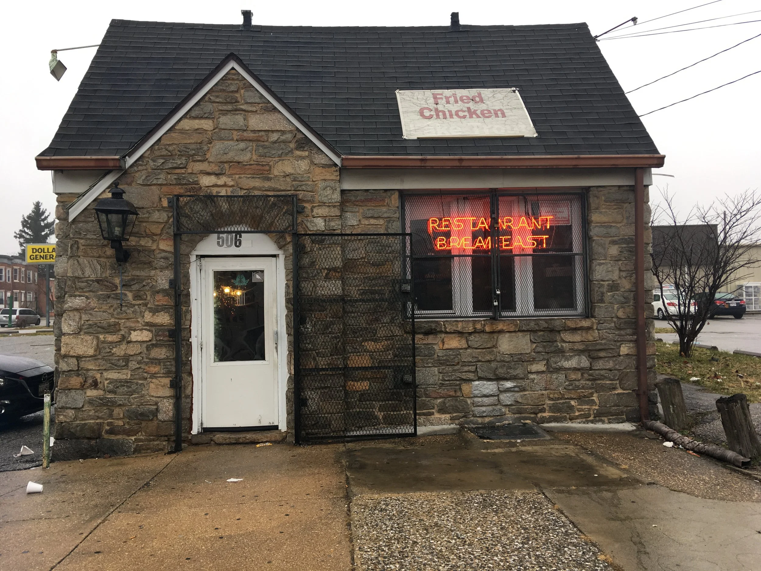 A fried chicken outlet making adaptive re-use of an old Little Tavern building, Baltimore, MD, 2018