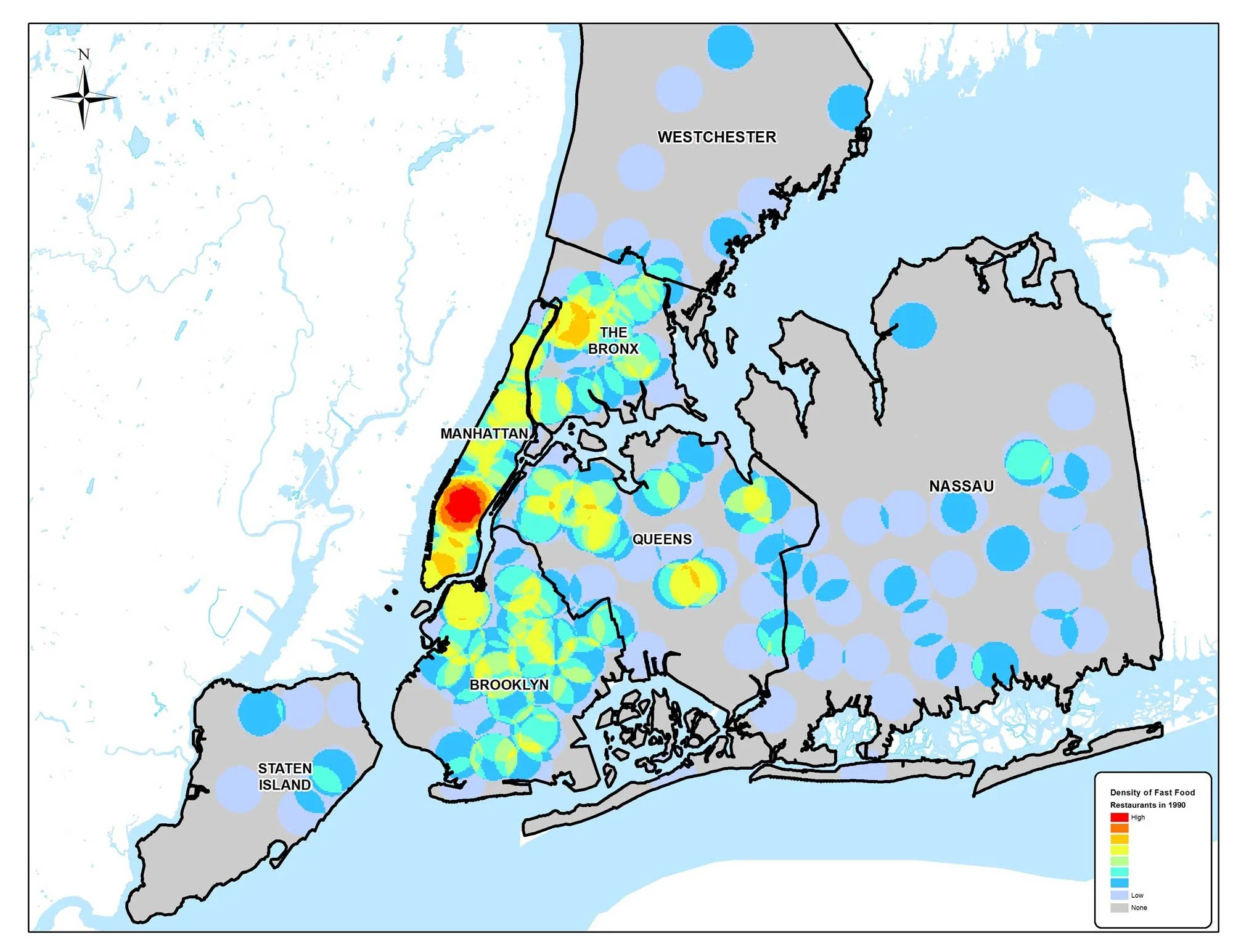 1990 Kernel Density: By 1990, fast food has exploded all across the city and surrounding neighborhoods in Westchester and Nassau Counties. Map by Mapping Analytics, Rochester, NY.