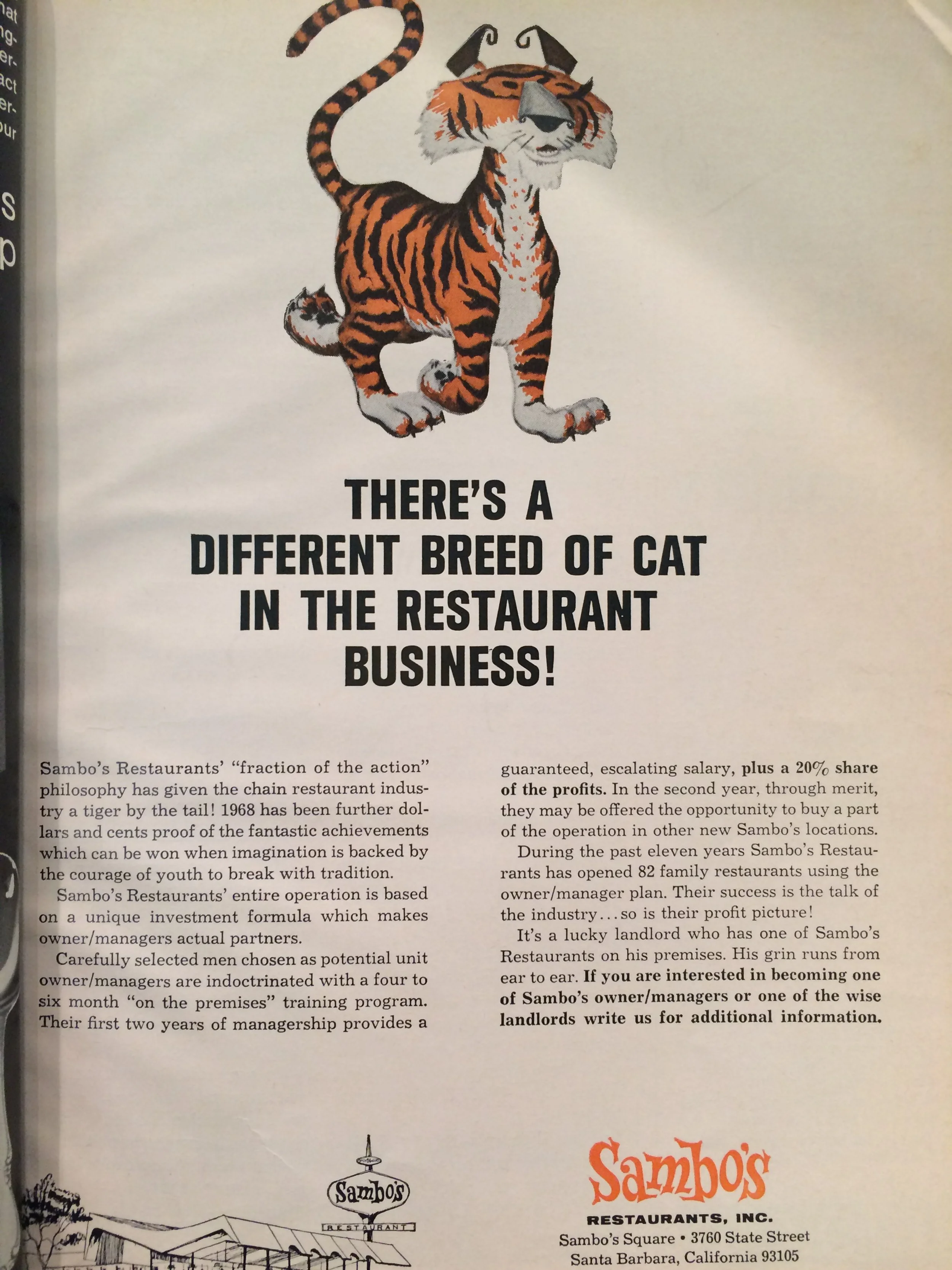 An advertisement for Sambo's, in Fast Food Magazine, 1960. This chain is more of what we would consider "fast casual" today. For more on the branding, see: "Burgers in Blackface: Anti-Black Restaurants Then and Now".