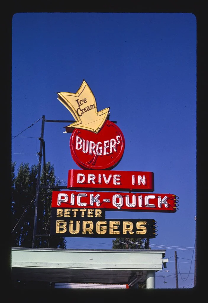 Pick-Quick Burger sign, Fife, Washington, 1987
