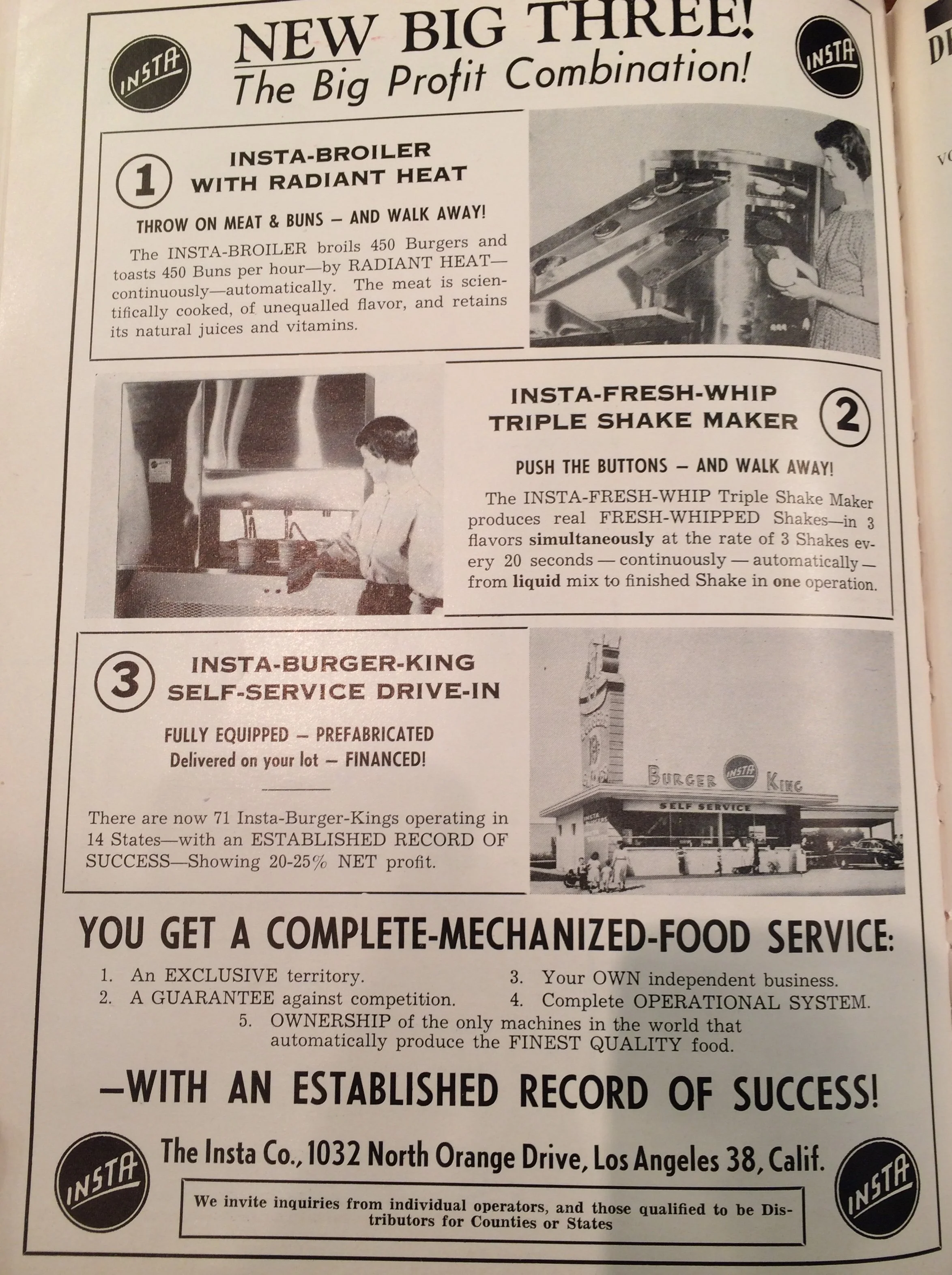 An advertisement for Burger King franchising, at that time called Insta-Burger King. Drive-In Magazine.