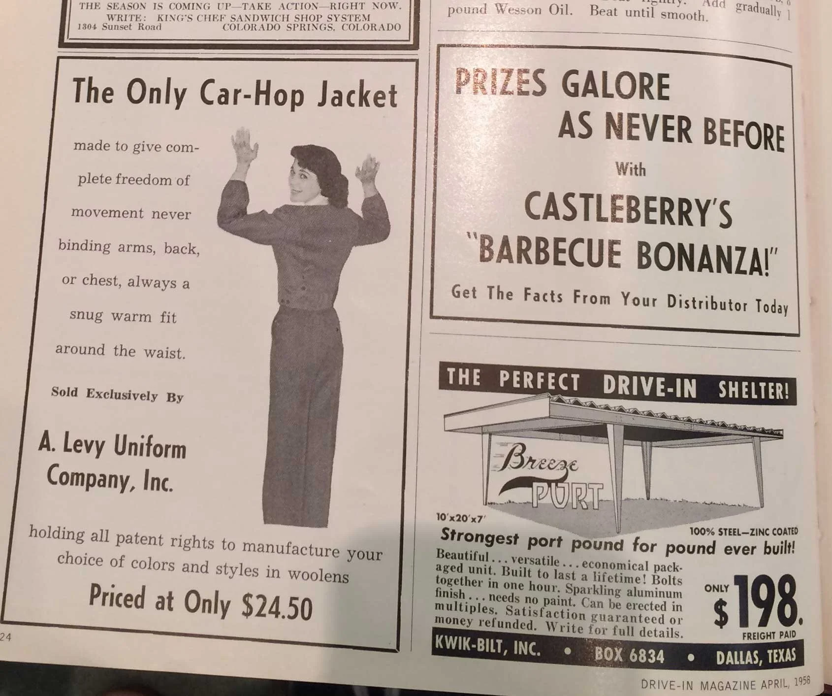 Drive-In Magazine April 1958 #2: A trade journal, Drive-In Magazine published articles on the drive-in restaurant business and featured advertisements from a wide variety of vendors. Shown here are uniforms for car hops, the workers, generally women,