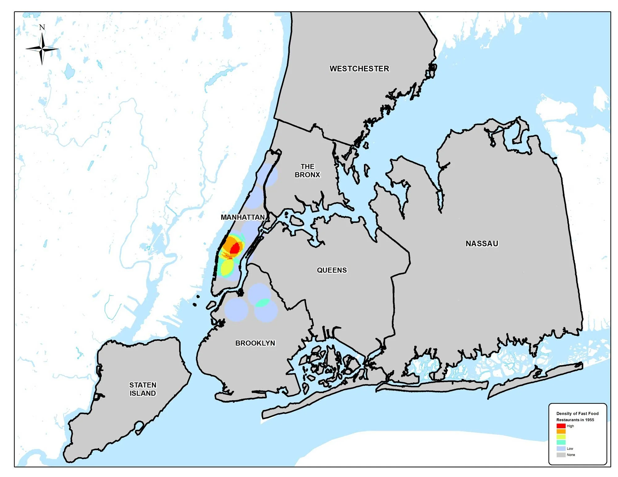 1955 Kernel Density: In 1955, fast food was scarce in New York City’s five boroughs, and essentially restricted to Manhattan. The restaurants in question were small burger outlets (called “burger chateaux” in the book) like White Castle. Map by Mappi