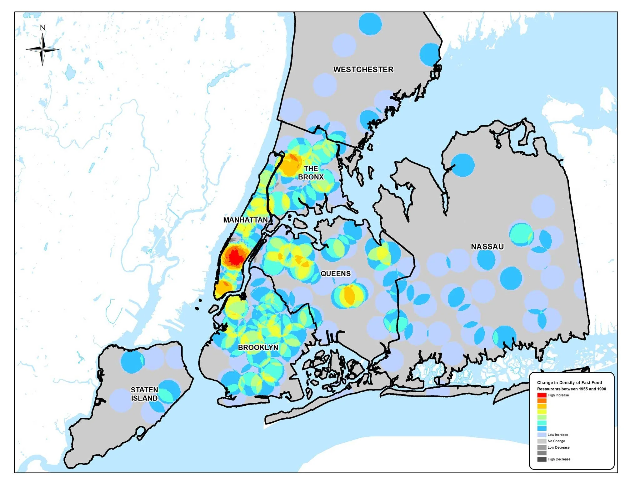 Change Kernel Density: This map shows the change in fast food density between 1955 and 1990. Map by Mapping Analytics, Rochester, NY.