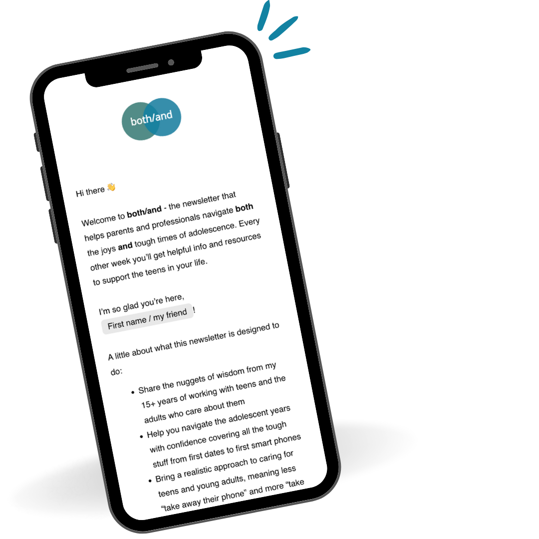Smartphone displaying a newsletter titled 'both/and', with a logo of two overlapping circles labeled 'both' and 'and'. The newsletter contains introductory text and a list of goals.