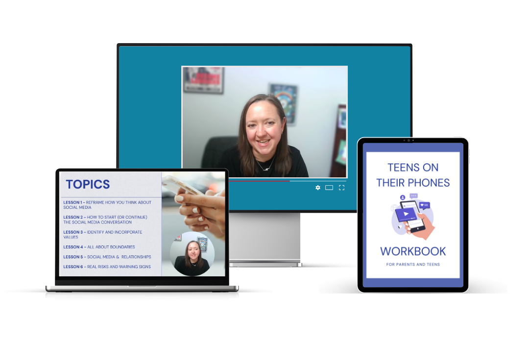 A woman appears on a computer screen in a virtual meeting, with a tablet displaying a workbook titled 'Teens on Their Phones' for parents and teens, and a laptop showing social media topics and lessons.
