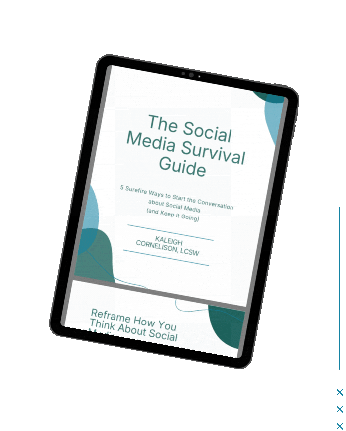 Ebook titled 'The Social Media Survival Guide' held by a tablet against a blue background.