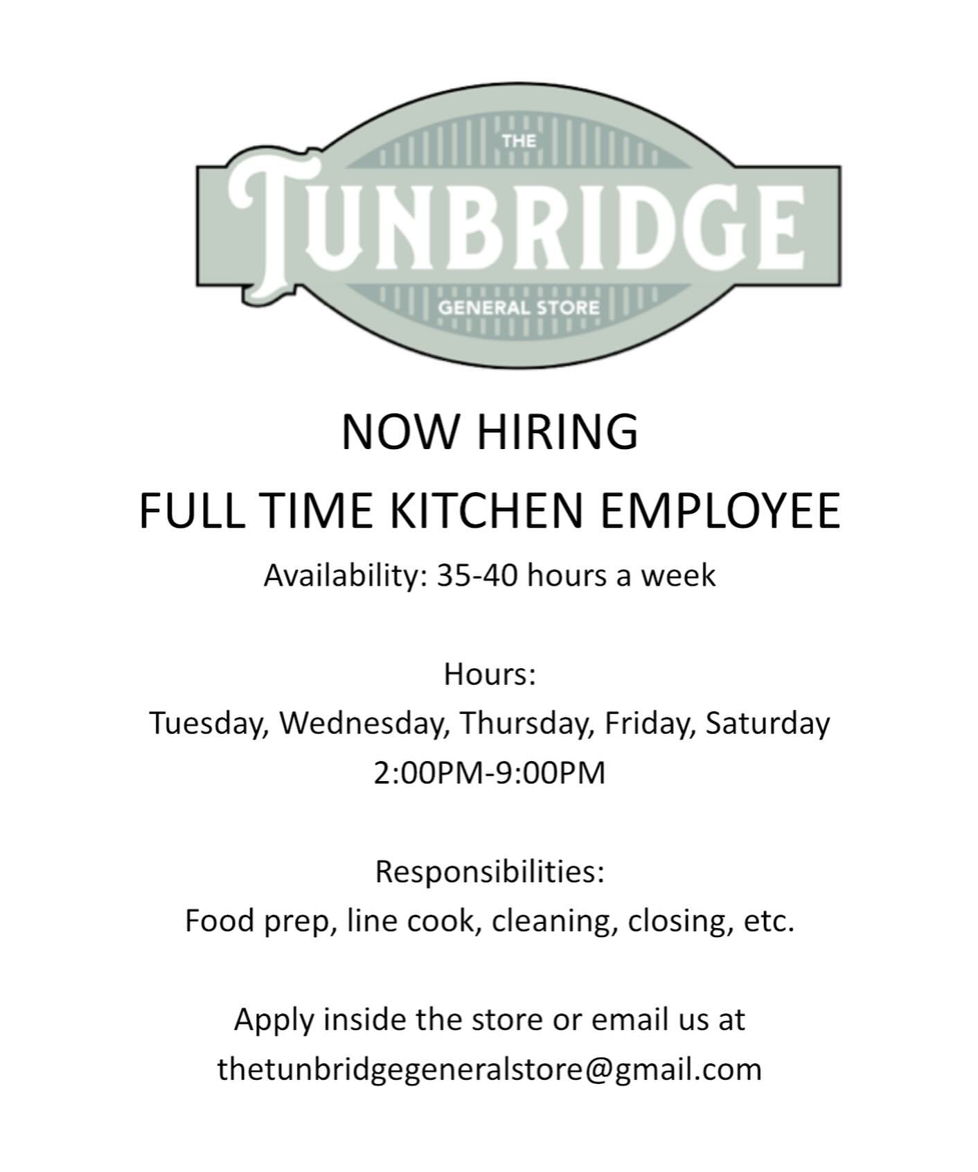 LOOKING FOR FULL TIME HELP IN THE KITCHEN!!! Feel free to reach out with questions!  #tunbridge #kitchen #tunbridgegeneralstore #food #cook #lunch #vermont #helpwanted