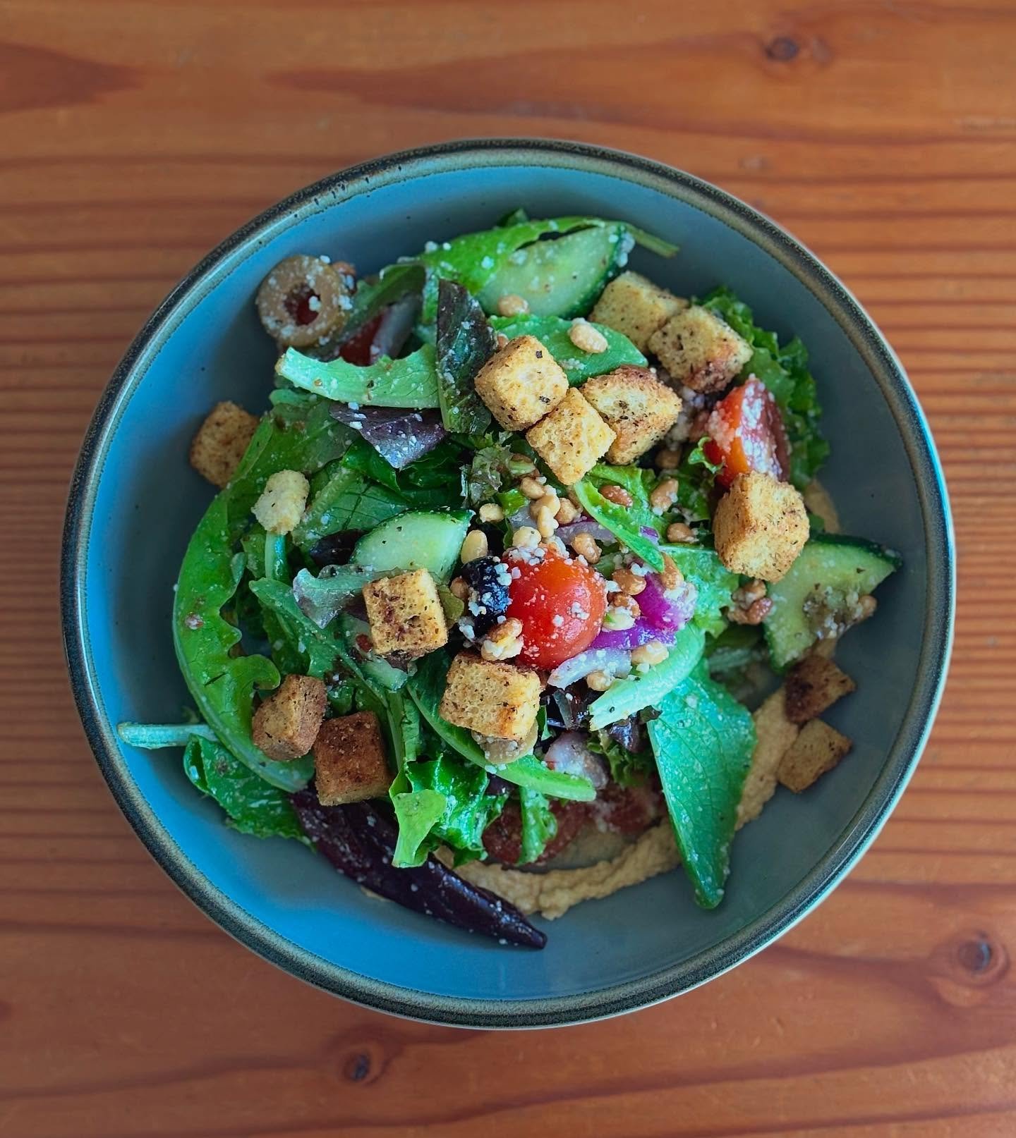 THIS WEEKS SPECIALS!!!

Mediterranean Hummus Salad $15
- @fledglingfarmstead mesclun mix greens, cucumber, tomato, red onion, olives, parmesan, and pine nuts tossed in Italian vinaigrette with croutons and hummus.

Curry Chicken Melt $14
- Green curr