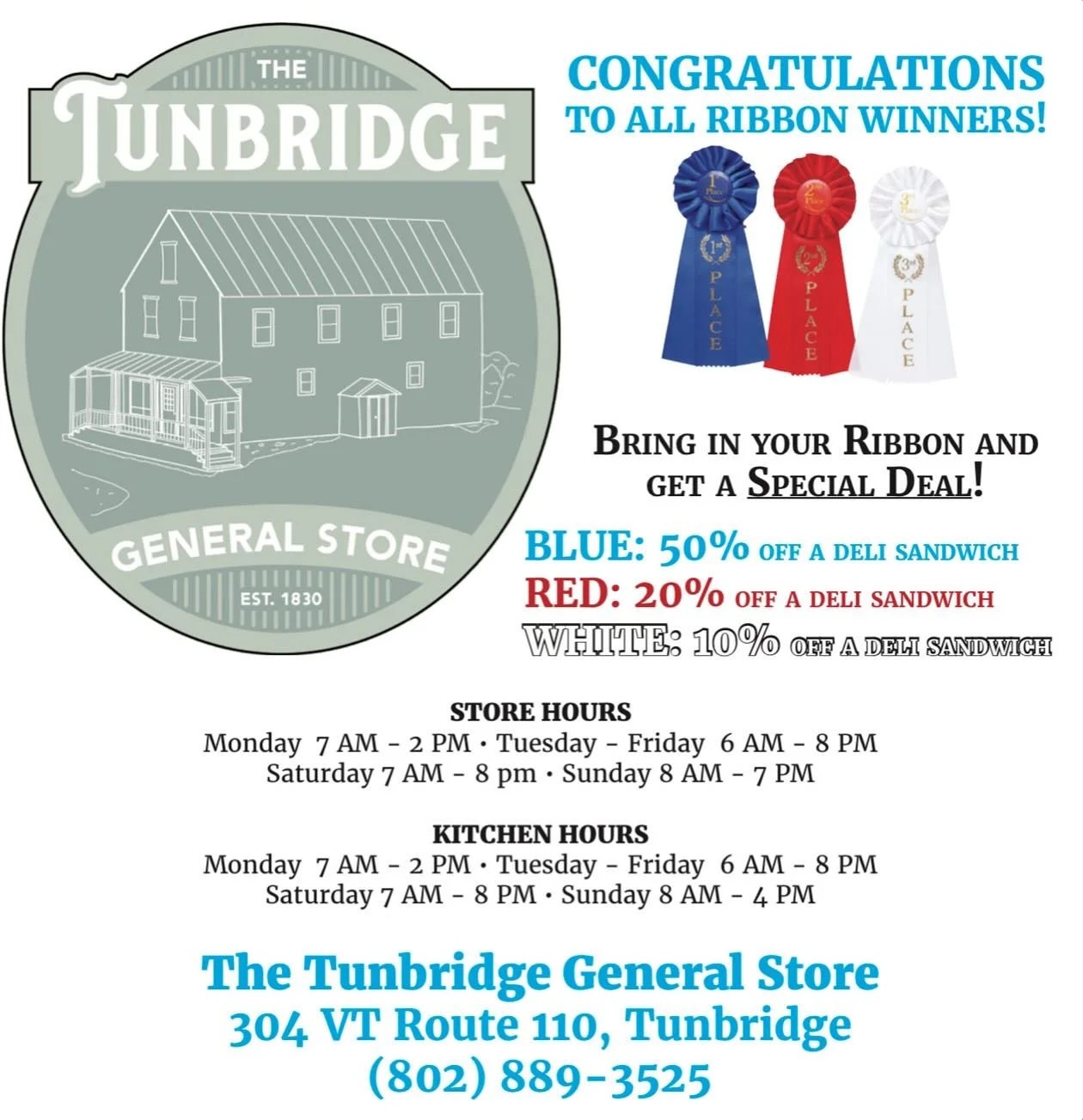 Bring in your best ribbon in the next two weeks to get a discount on a deli sandwich!!! #tunbridge #tunbridgevt #tunbridgegeneralstore #tgs #tunbridgeworldsfair #food #localbusinesses