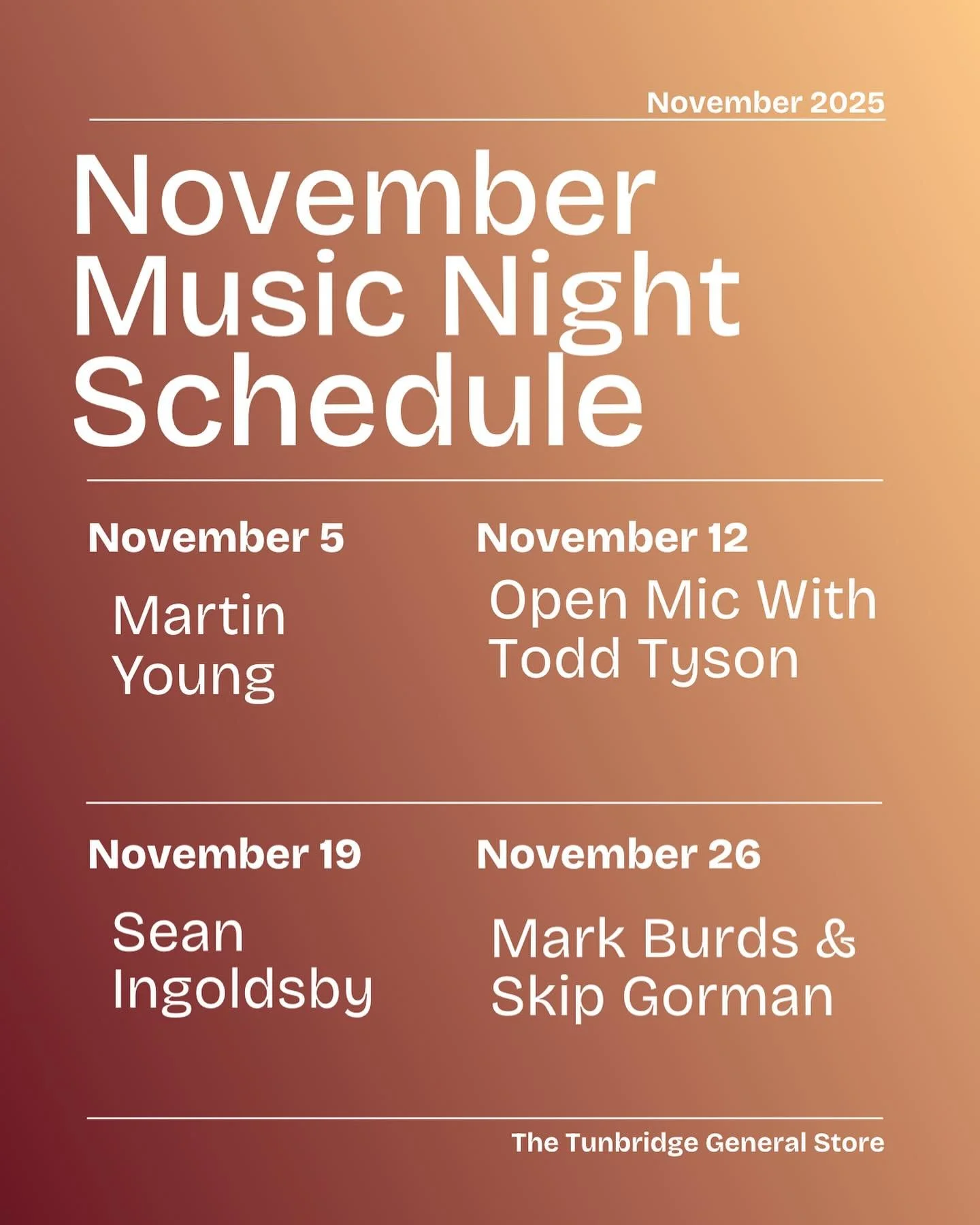 Updated November Music
Night Schedule!! 🎶 #tunbridge #tunbridgegeneralstore #tgs #vermont #music #musicnights #local #localmusic #generalstore #food #localgoods