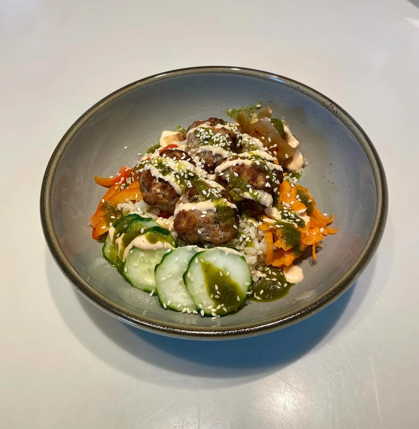 Wednesday Night Special!

Bahn Mi Bowl ($14/$18)
With or Without Asian Pork Mini
Meatballs)

Brown Rice, Pickled Cucumber, Bell Pepper and Carrot, Kimchi, Sesame Seeds, Spicy Mayo &amp; Chimichurri. Optional: Fresh Local Ground Pork, Soy Sauce, Tamar