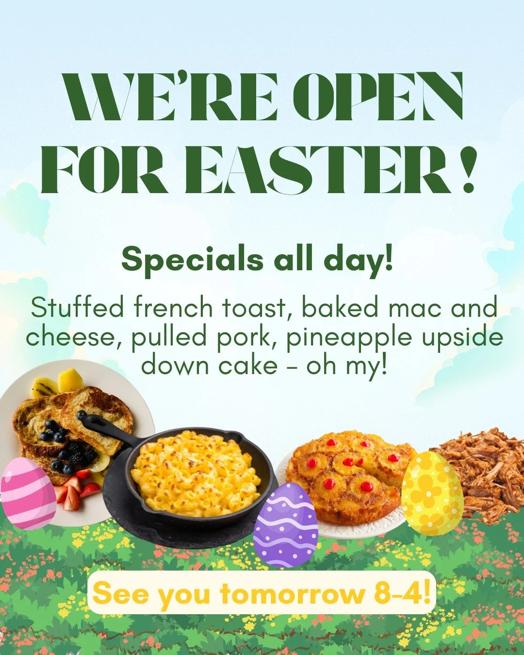 OPEN NORMAL HOURS FOR EASTER with some extraordinary specials going on all day. Make TGS part of your family's Easter celebration - breakfast, lunch, or dinner! #tunbridgevt #tunbridgegeneralstore #pulledpork #local #paulaandwendydeserveamedal