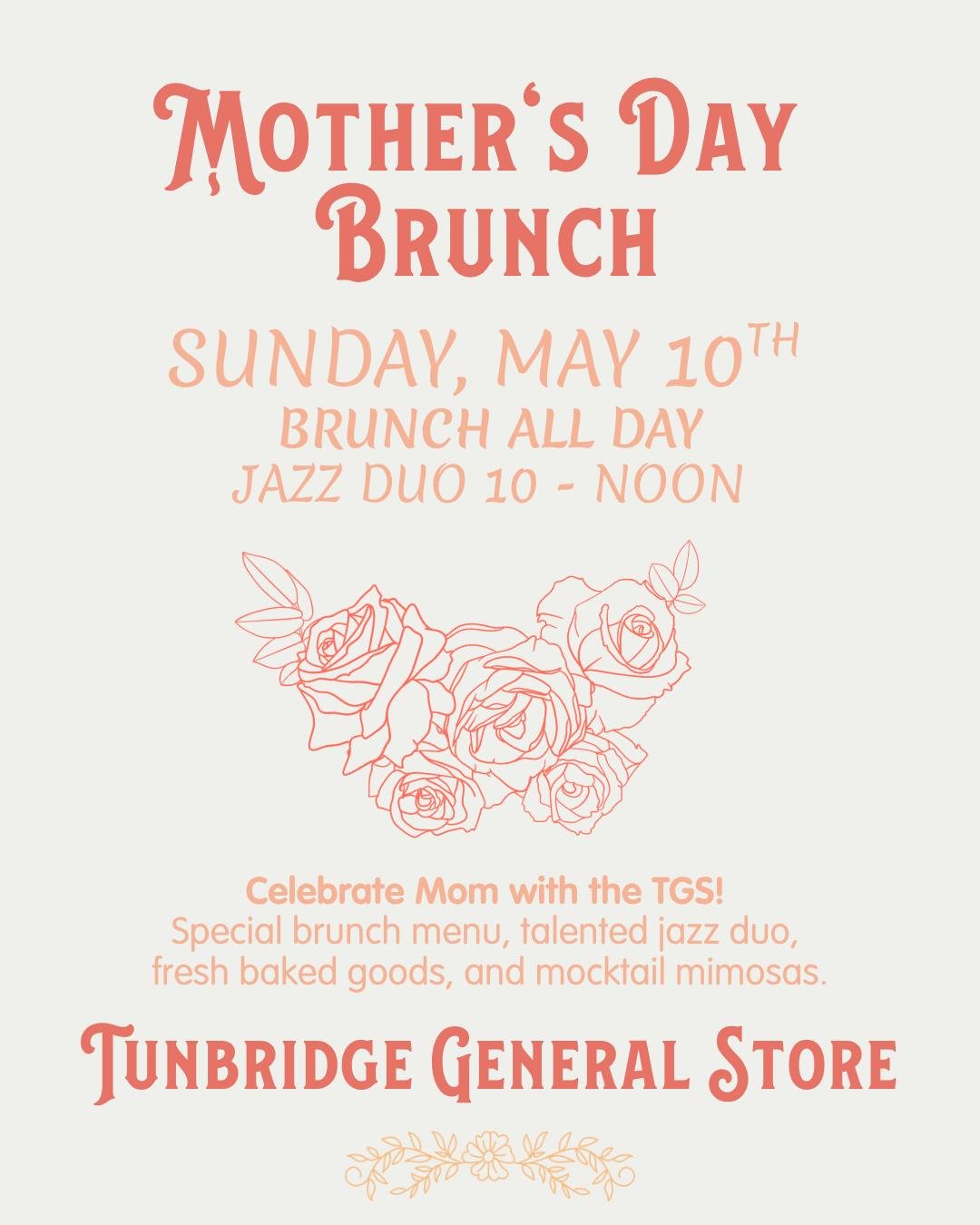 This Sunday, we'll have a special brunch menu and a jazz duo playing from 10-noon. Come out and celebrate Mom with us!