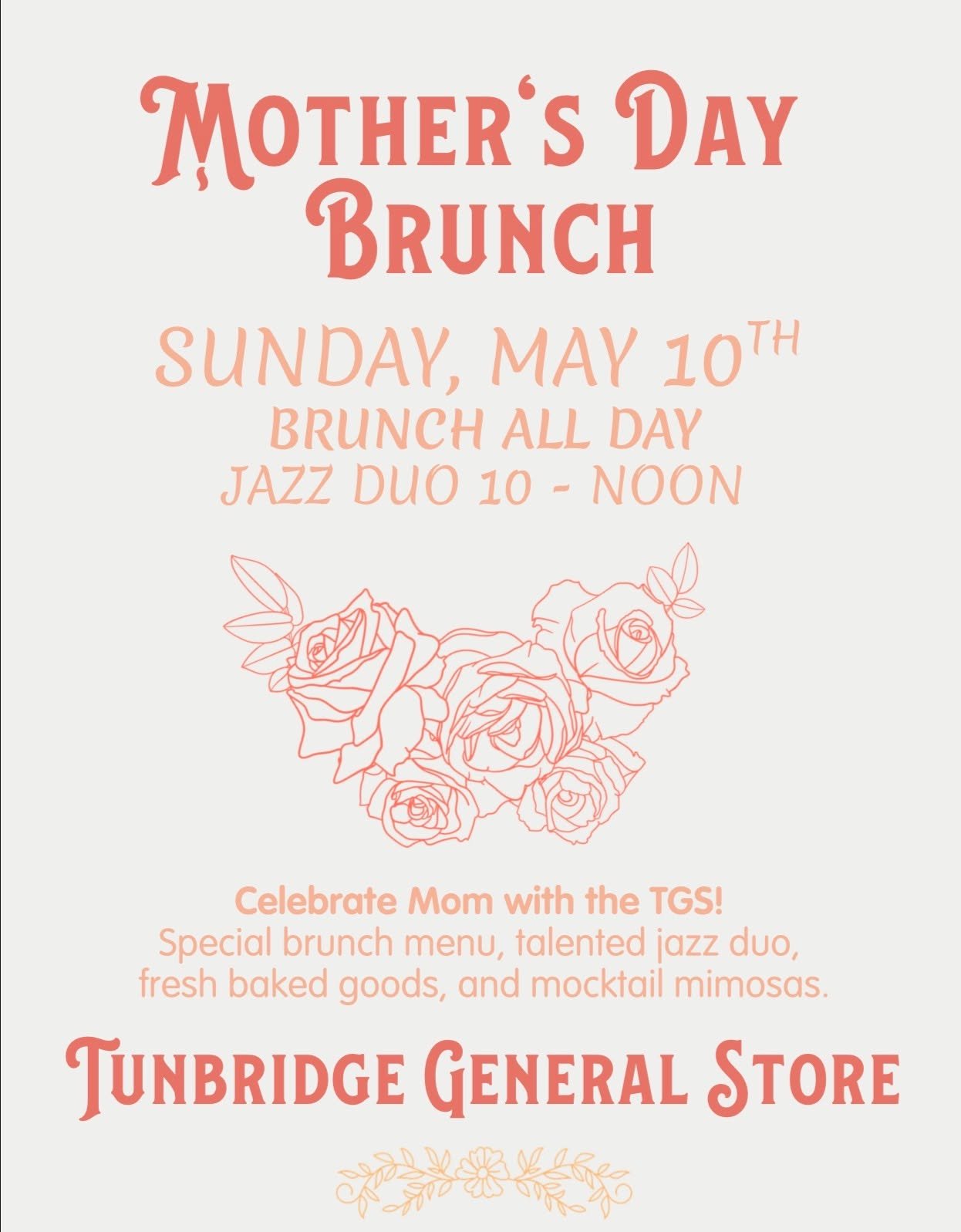 Join us this Sunday for an intimate mothers day morning with Jazz, TGS Brunch Specials, Mocktails and more. 

10 Am - Noon - Free Entry - Limited Seating