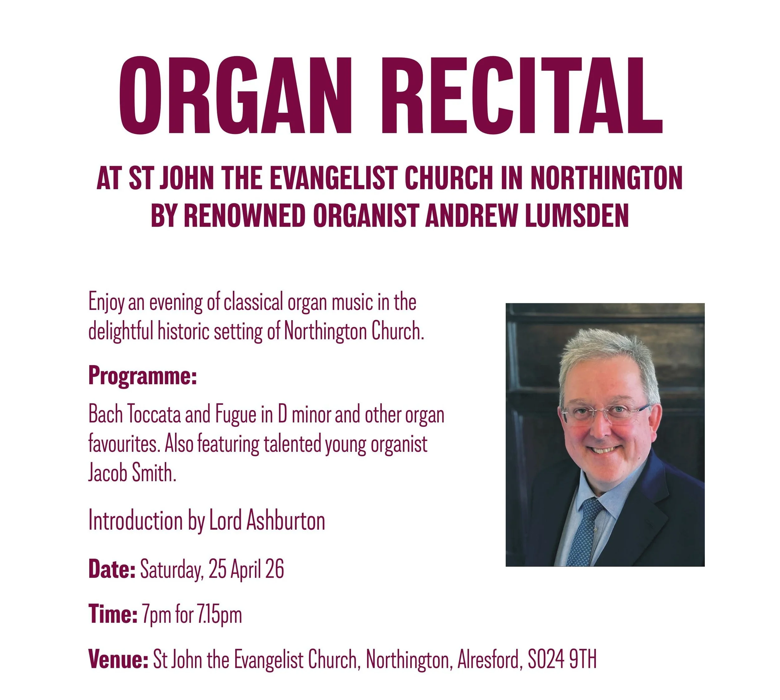 ORGAN RECITAL by ANDREW LUMSDEN in aid of The Mayor of Winchester’s Charities