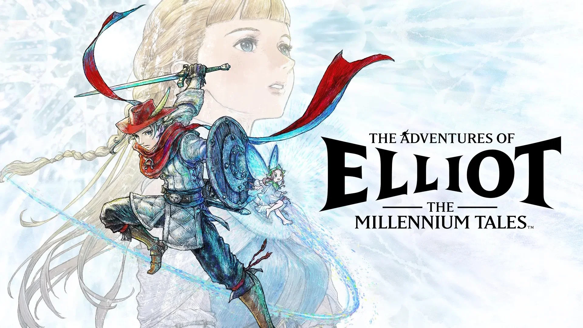 Couvre-feu d'un héros avec une épée, portant une armure et un bouclier, avec un personnage féminin en arrière-plan, pour le jeu vidéo 'Elliot: The Millennium Tales'.