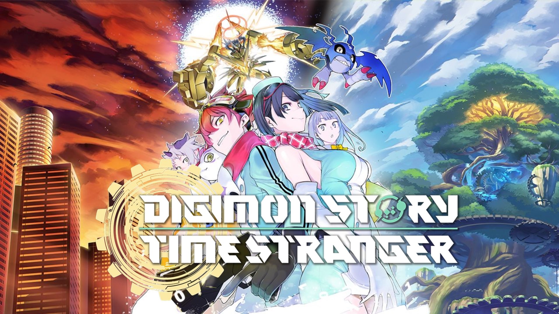 Illustration du jeu vidéo Digimon Story: Cyber Sleuth avec plusieurs personnages Digimon et humains, des constructs mécaniques, un ciel changeant avec un côté urbain et un côté naturel.