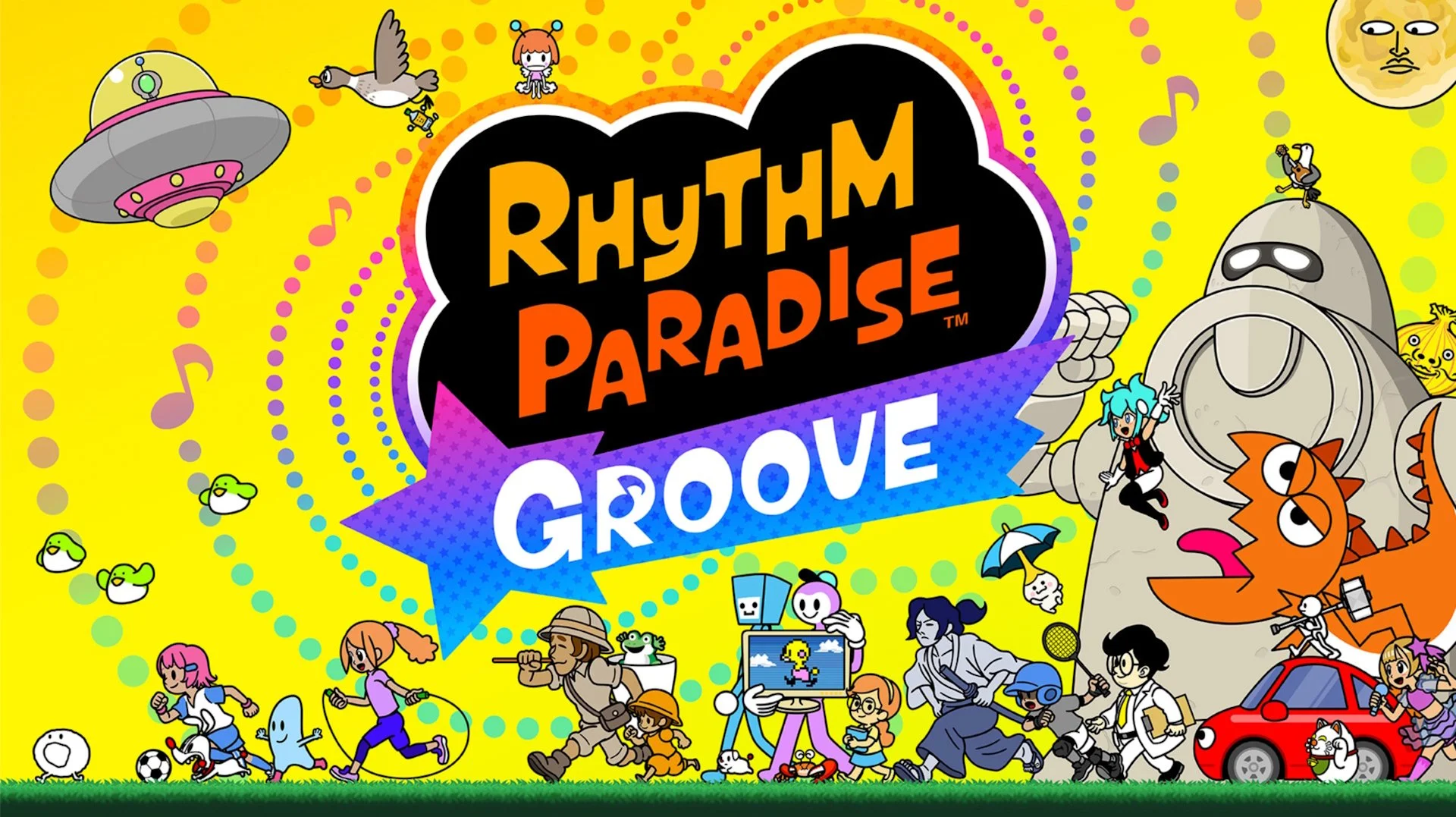 Affiche colorée pour Rhythm Paradise Groove avec des personnages de dessins animés dans divers sports et activités, un OVNI, un robot, un chat souriant, et une lune avec un visage, sur fond jaune avec des notes de musique.