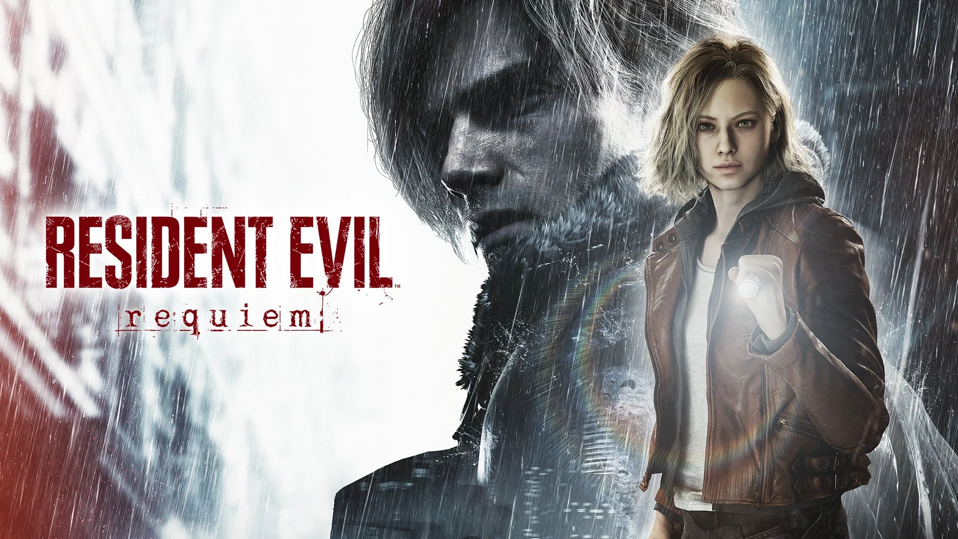 Affiche de jeu vidéo Resident Evil : Requiem, avec un homme mystérieux en arrière-plan sous la pluie, et une femme armée en avant-plan, tenant une lampe torche, dans un décor sombre et humide.
