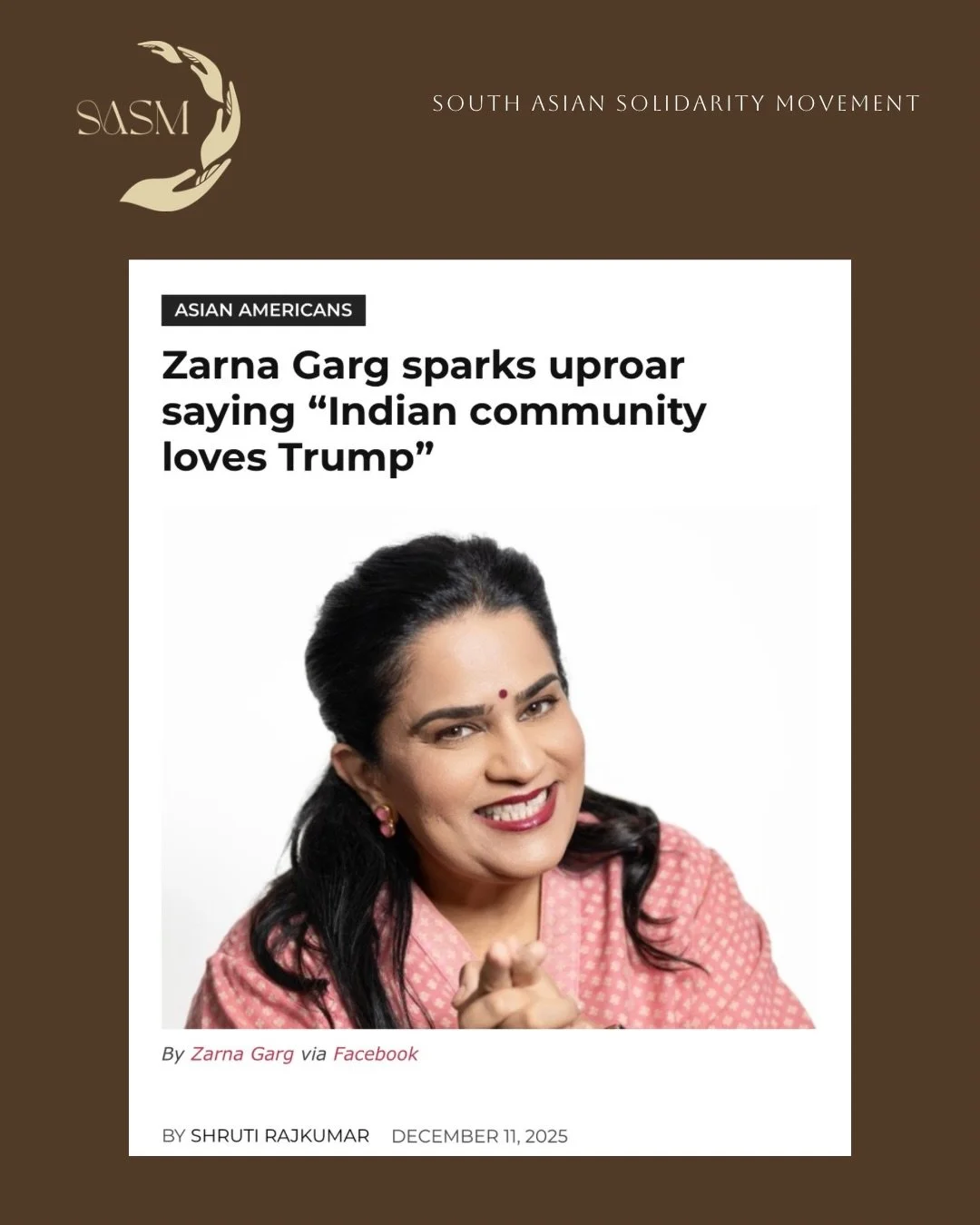📢 SASM team members Cindu @shaktitraining &amp; @rebekahjameslovett were recently interviewed by @shruti.rajkumar of @asamnews after Rebekah&rsquo;s IG post calling out comments made by Indian American comedian Zarna Garg and her daughter on The Dai