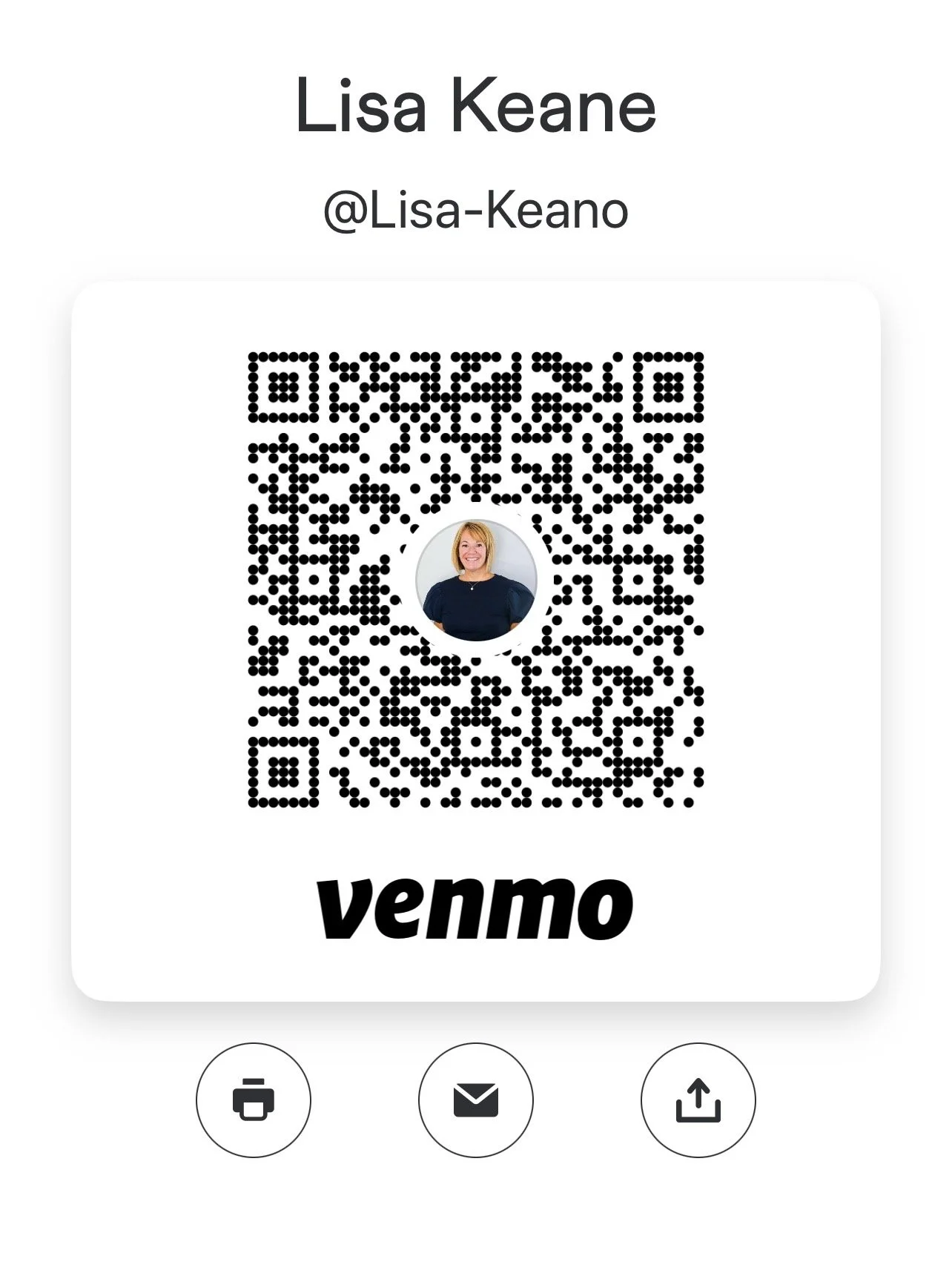 Digital business card with QR code, name Lisa Keane, handle @Lisa-Keano, and Venmo logo.