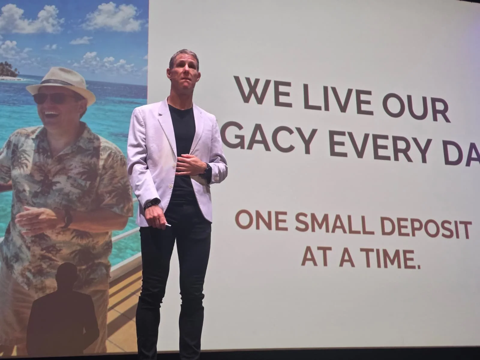 Motivational speaker Nick Jonsson delivering an enrichment talk aboard a cruise ship