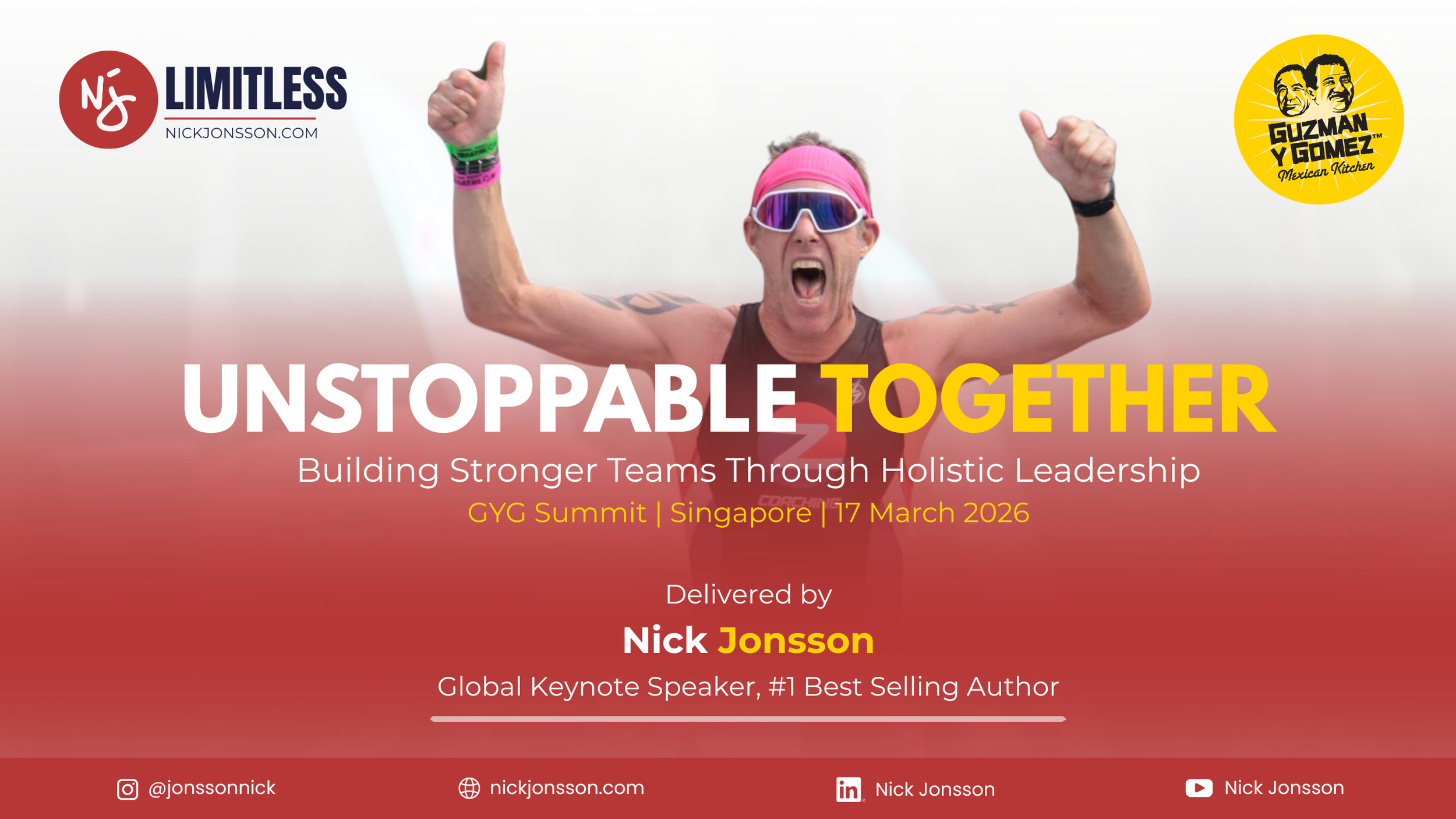 Nick Jonsson delivering leadership keynote at GYG Singapore Summit 2026 on team performance and holistic leadership